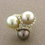 Triple Pearl Diamond 18k Yellow Gold Ring