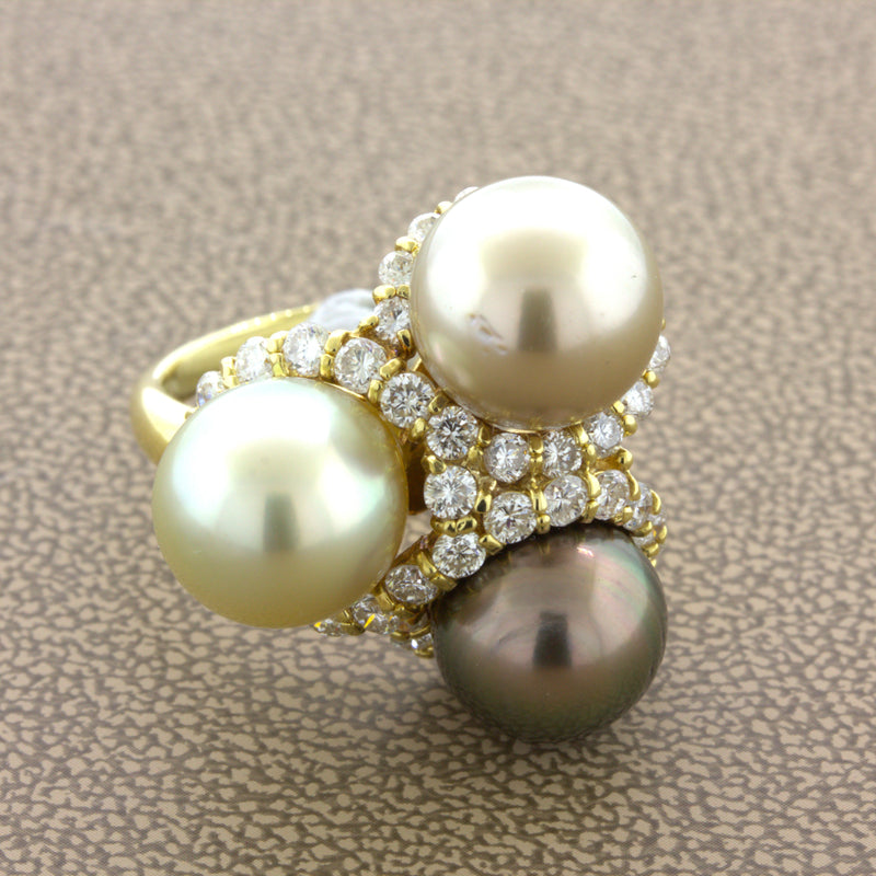 Triple Pearl Diamond 18k Yellow Gold Ring