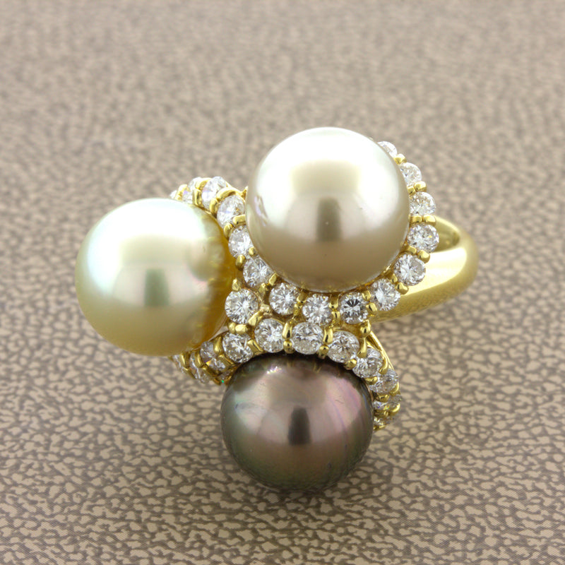 Triple Pearl Diamond 18k Yellow Gold Ring
