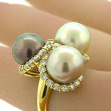 Triple Pearl Diamond 18k Yellow Gold Ring