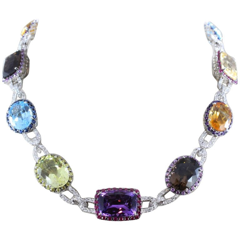 Multi-Color Gemstone Diamond Gold Necklace