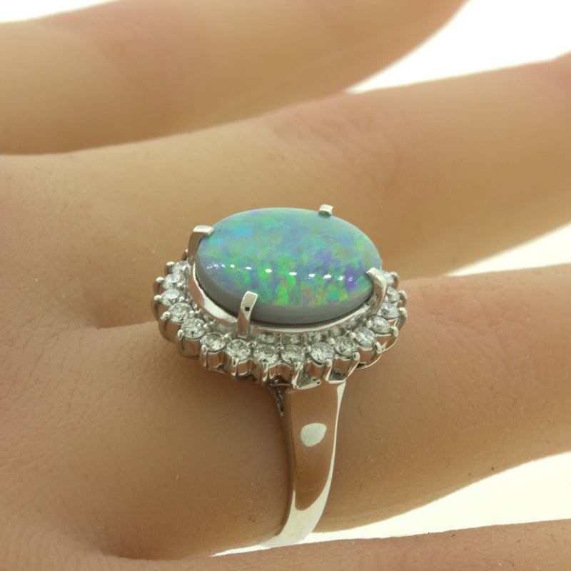 Australian Black Opal Diamond Halo Platinum Ring