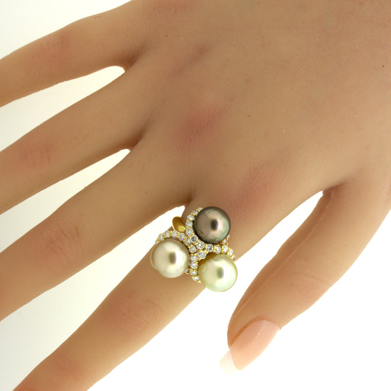 Triple Pearl Diamond 18k Yellow Gold Ring