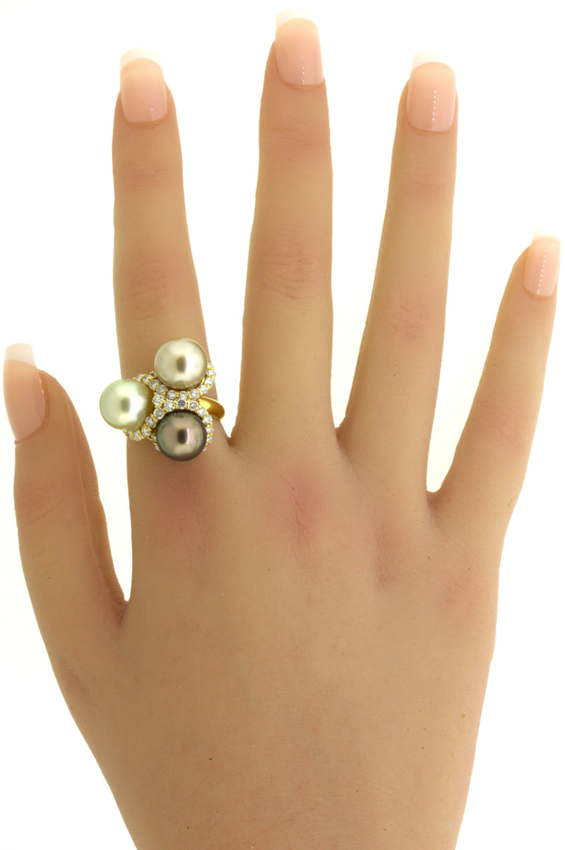 Triple Pearl Diamond 18k Yellow Gold Ring
