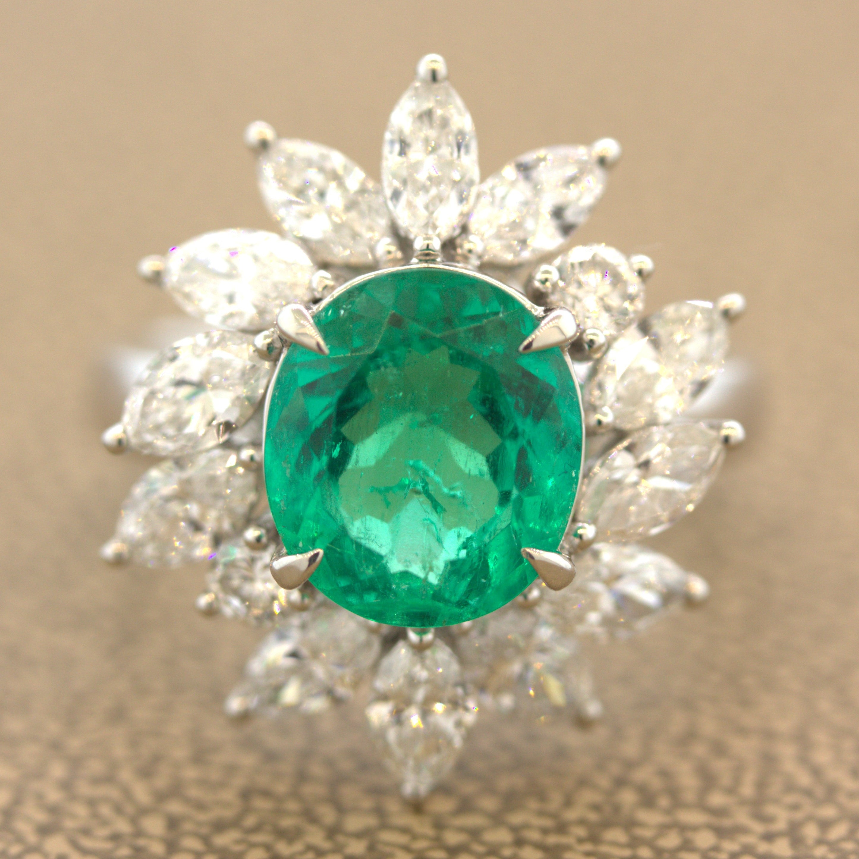 2.91 Carat Emerald Diamond Floral Platinum Ring