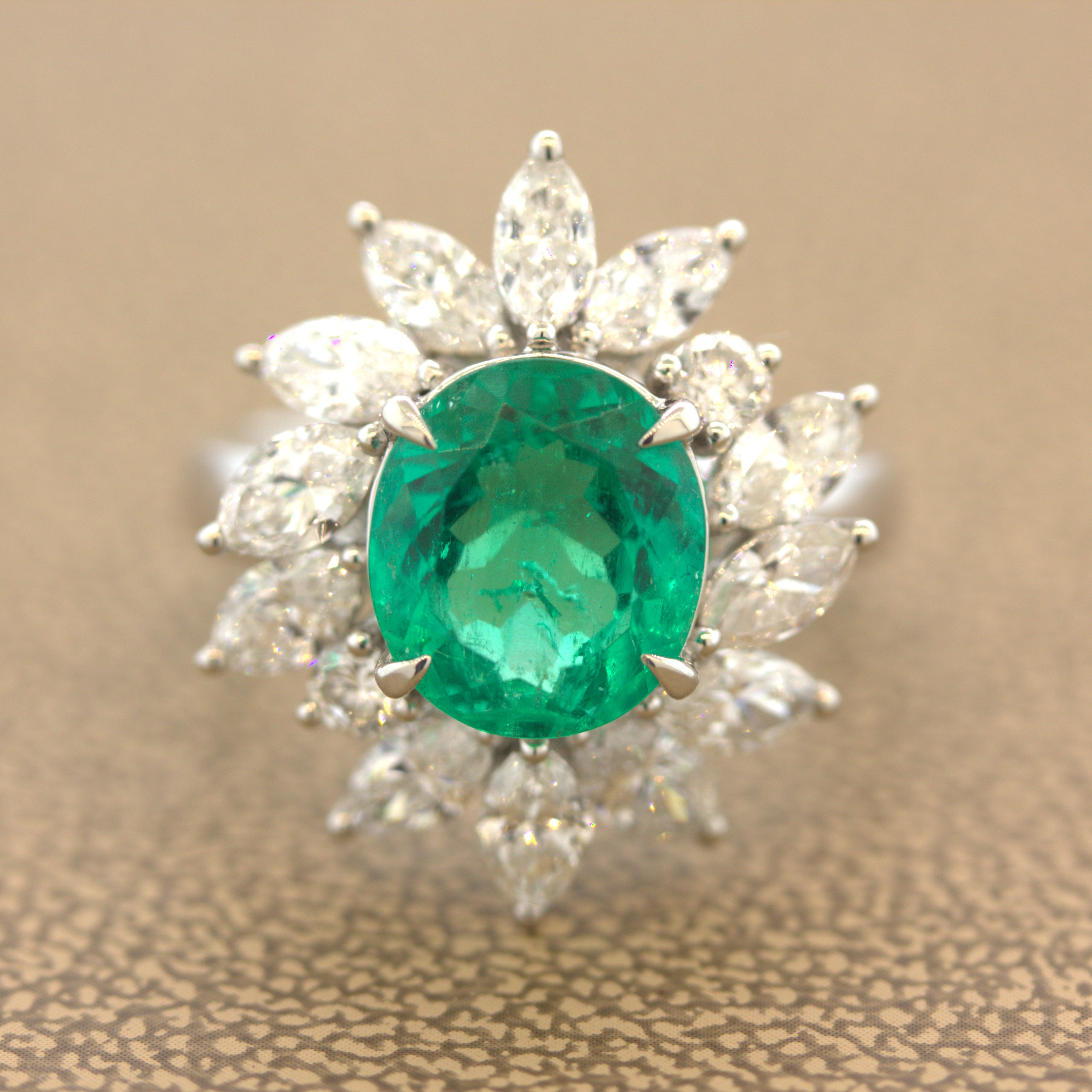 2.91 Carat Emerald Diamond Floral Platinum Ring