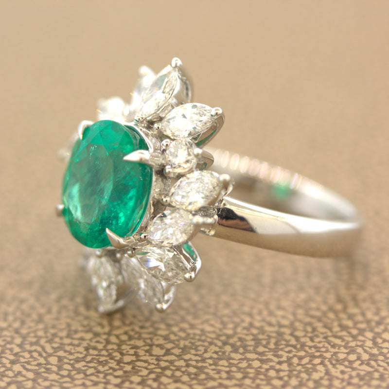 2.91 Carat Emerald Diamond Floral Platinum Ring