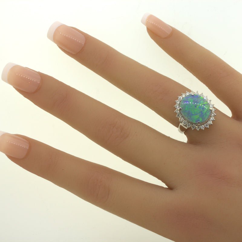 Australian Black Opal Diamond Halo Platinum Ring
