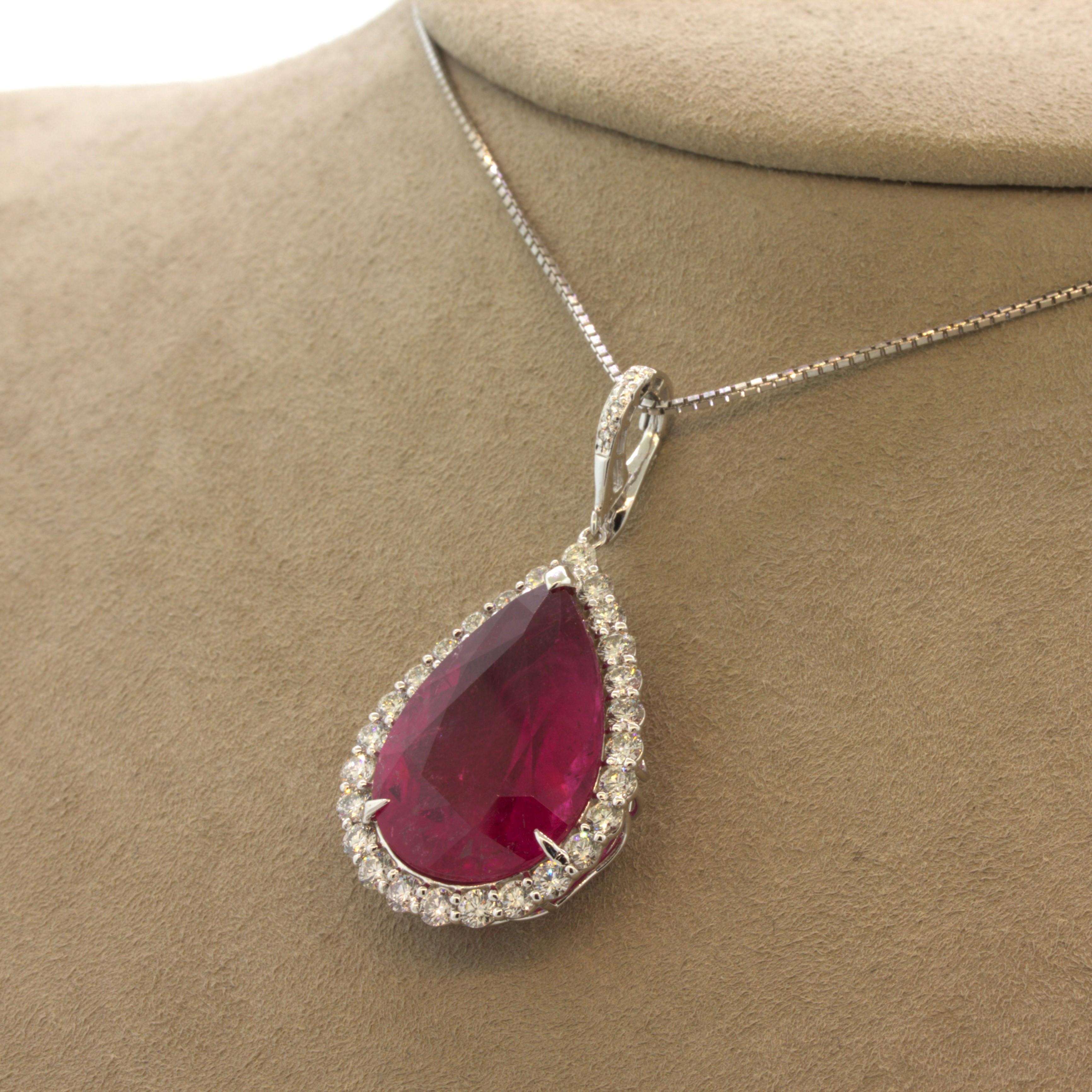 18.64 Carat Rubellite Tourmaline Diamond Halo Platinum Drop Pendant