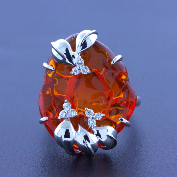 Mexican Fire Opal Free-Form Diamond 18k White Gold Ring
