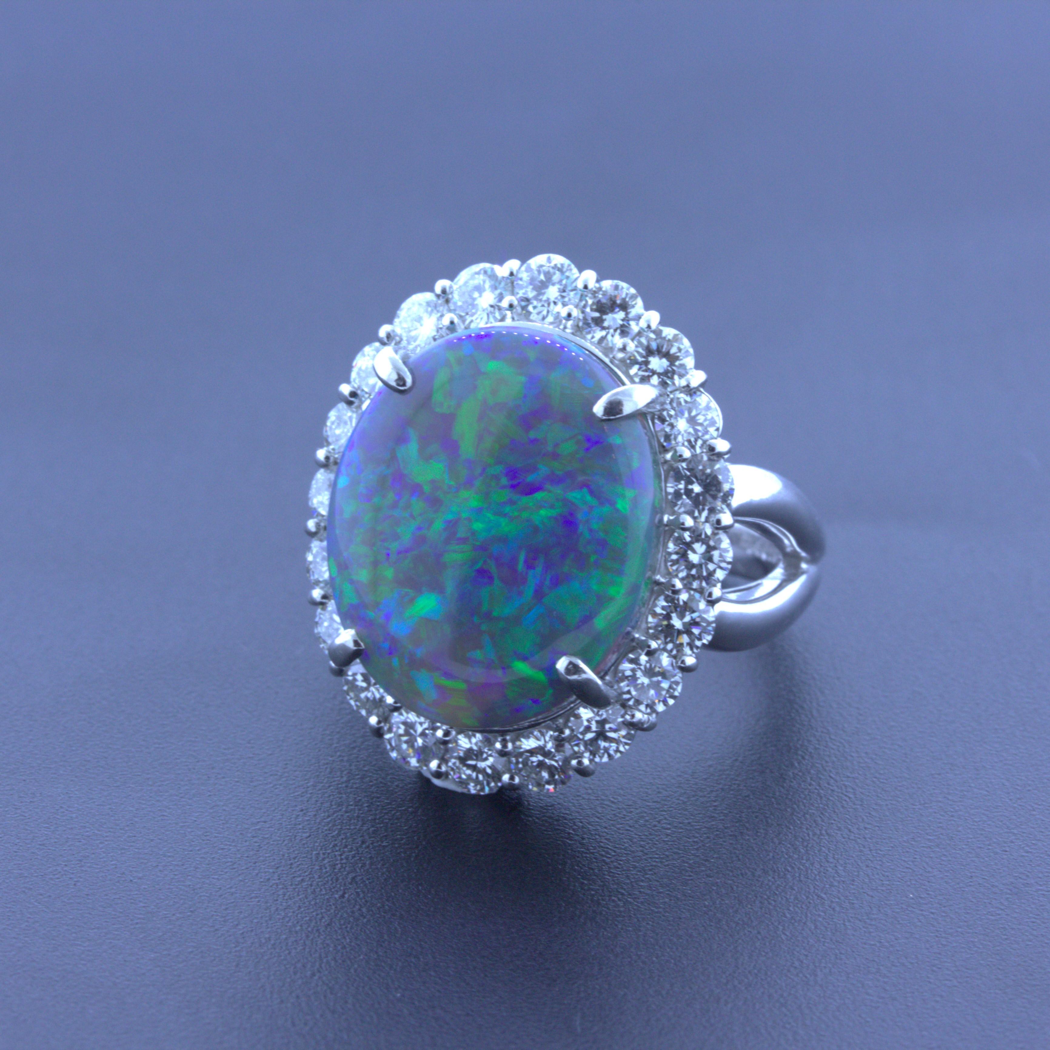 10.18 Carat Australian Black Opal Diamond Halo Platinum Ring