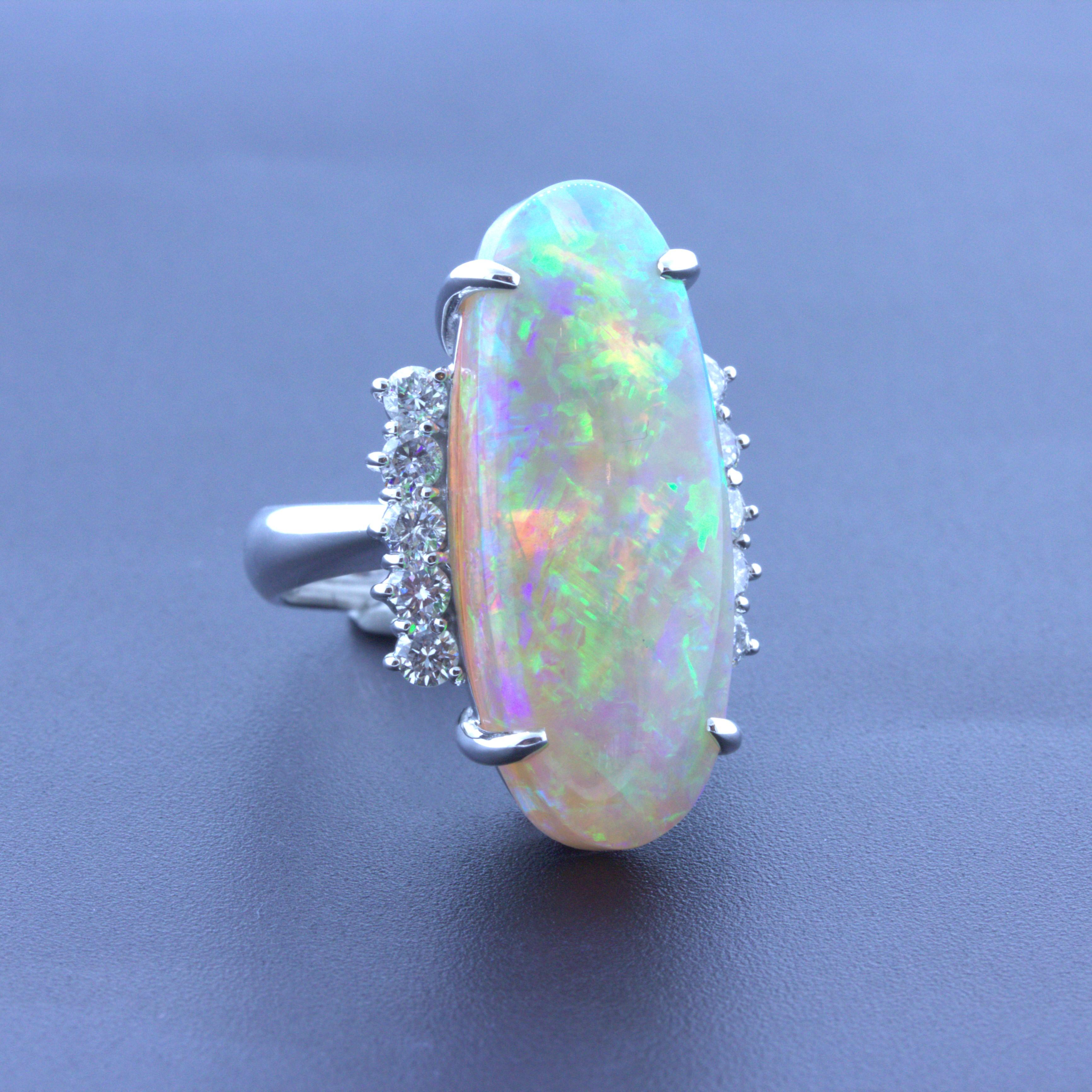 Impressive 15.36 Carat Australian Crystal Opal Diamond Platinum Cocktail Ring