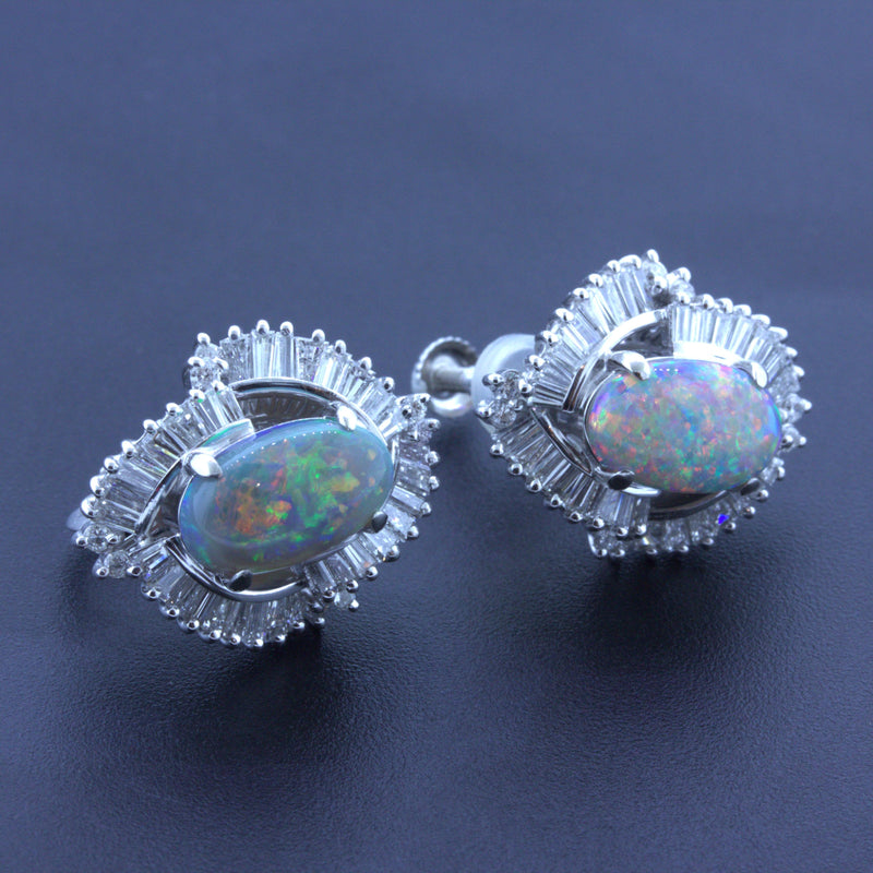 Australian Black Opal Diamond Platinum Earrings