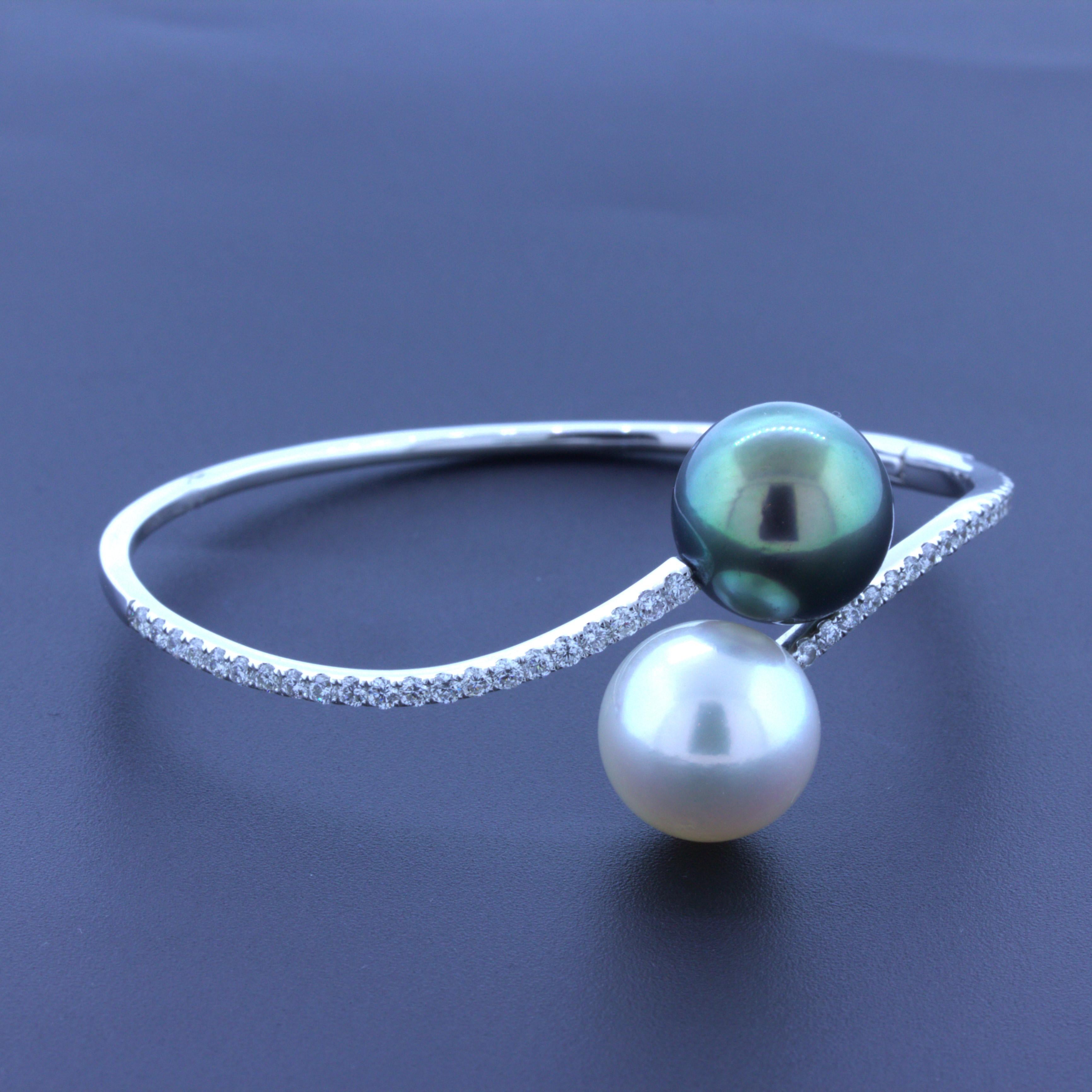 13.5mm South Sea & Tahitian Pearl Diamond 18k White Gold Bangle Bracelet