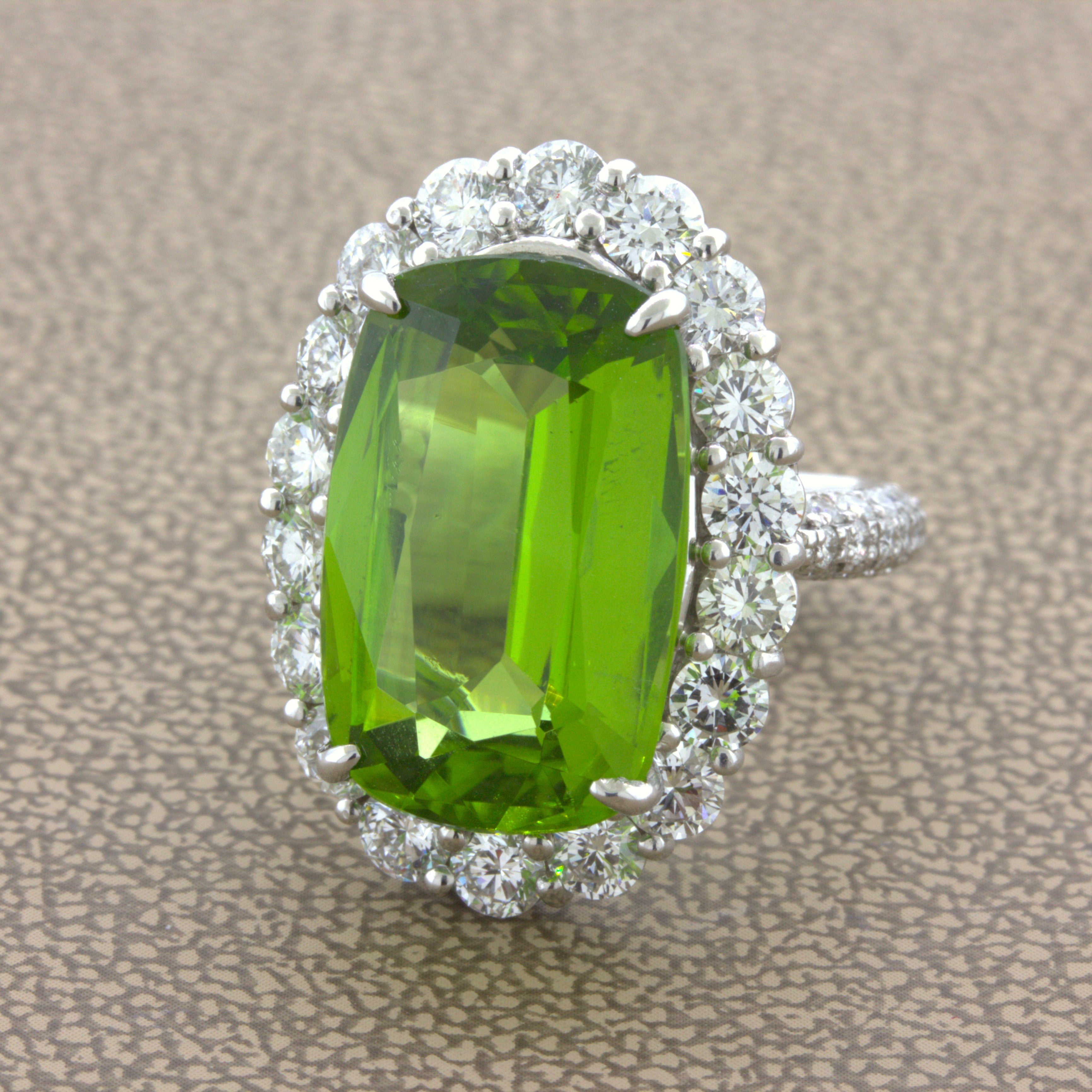 11.52 Carat Peridot Diamond Halo Platinum Ring