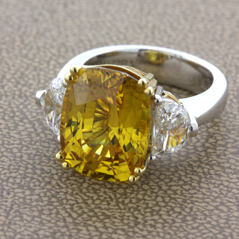 12.35 Carat Fancy Yellow Sapphire Diamond 18K White Gold 3-Stone Ring