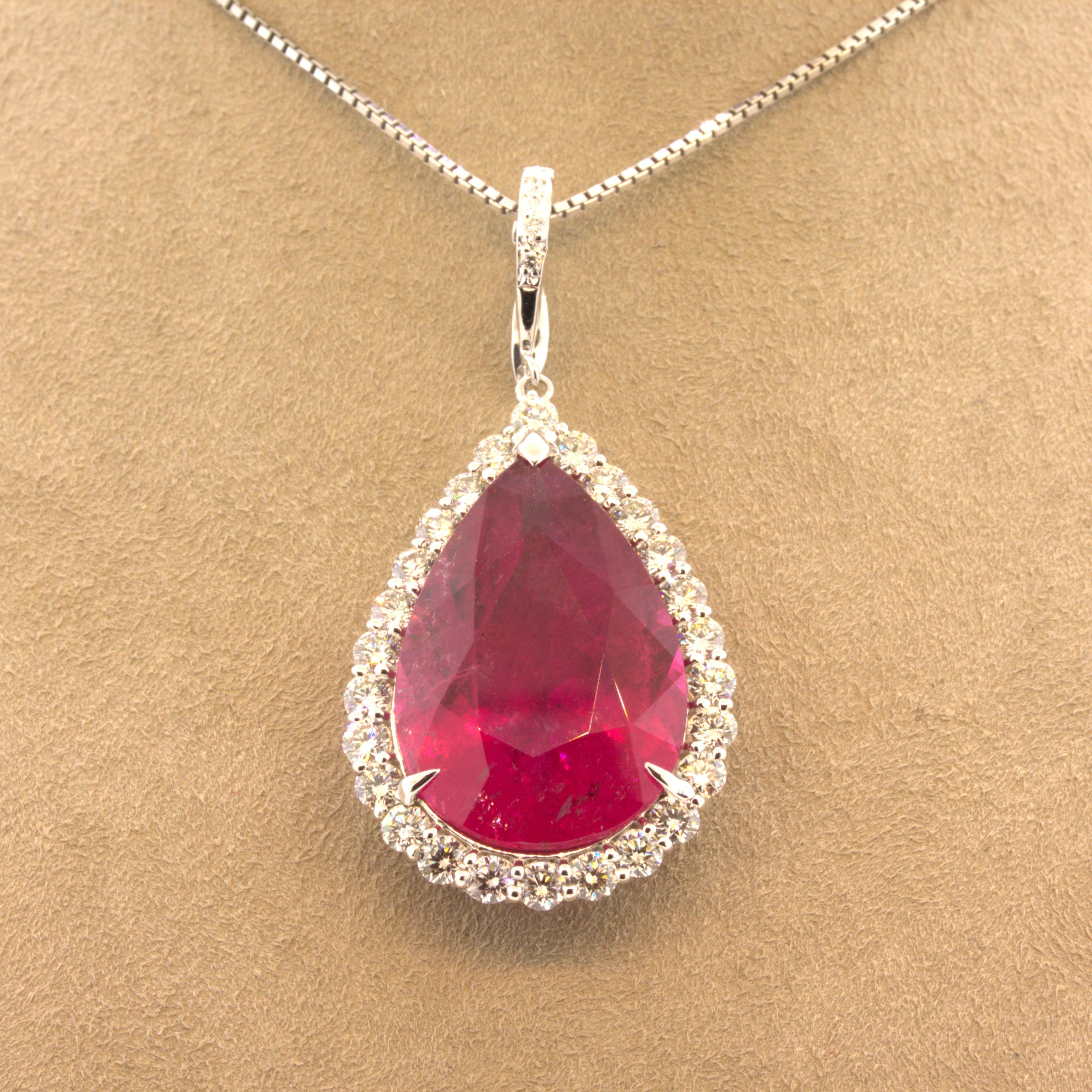 18.64 Carat Rubellite Tourmaline Diamond Halo Platinum Drop Pendant