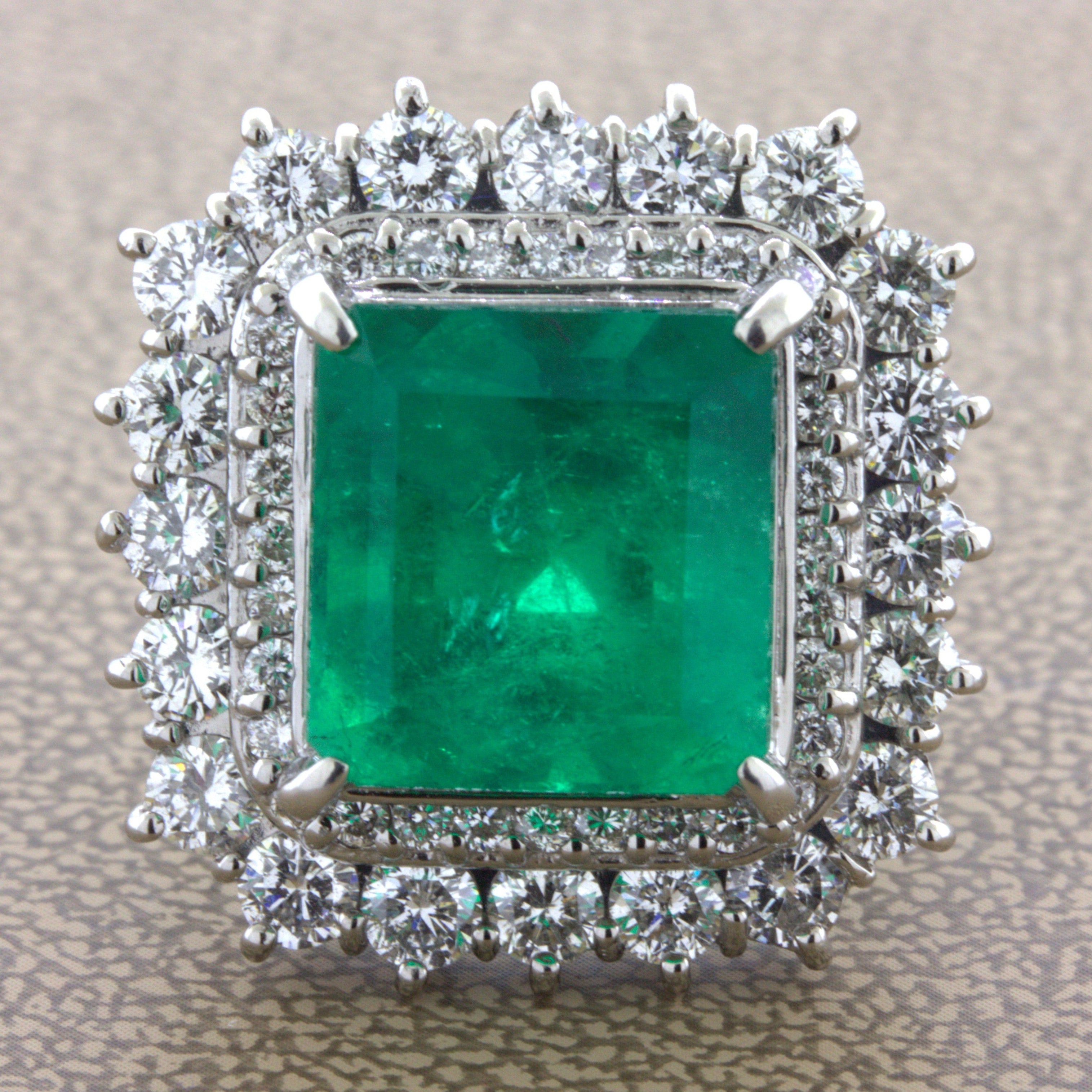 9.80 Carat Colombian Emerald Diamond Platinum Cocktail Ring, GRS Certified