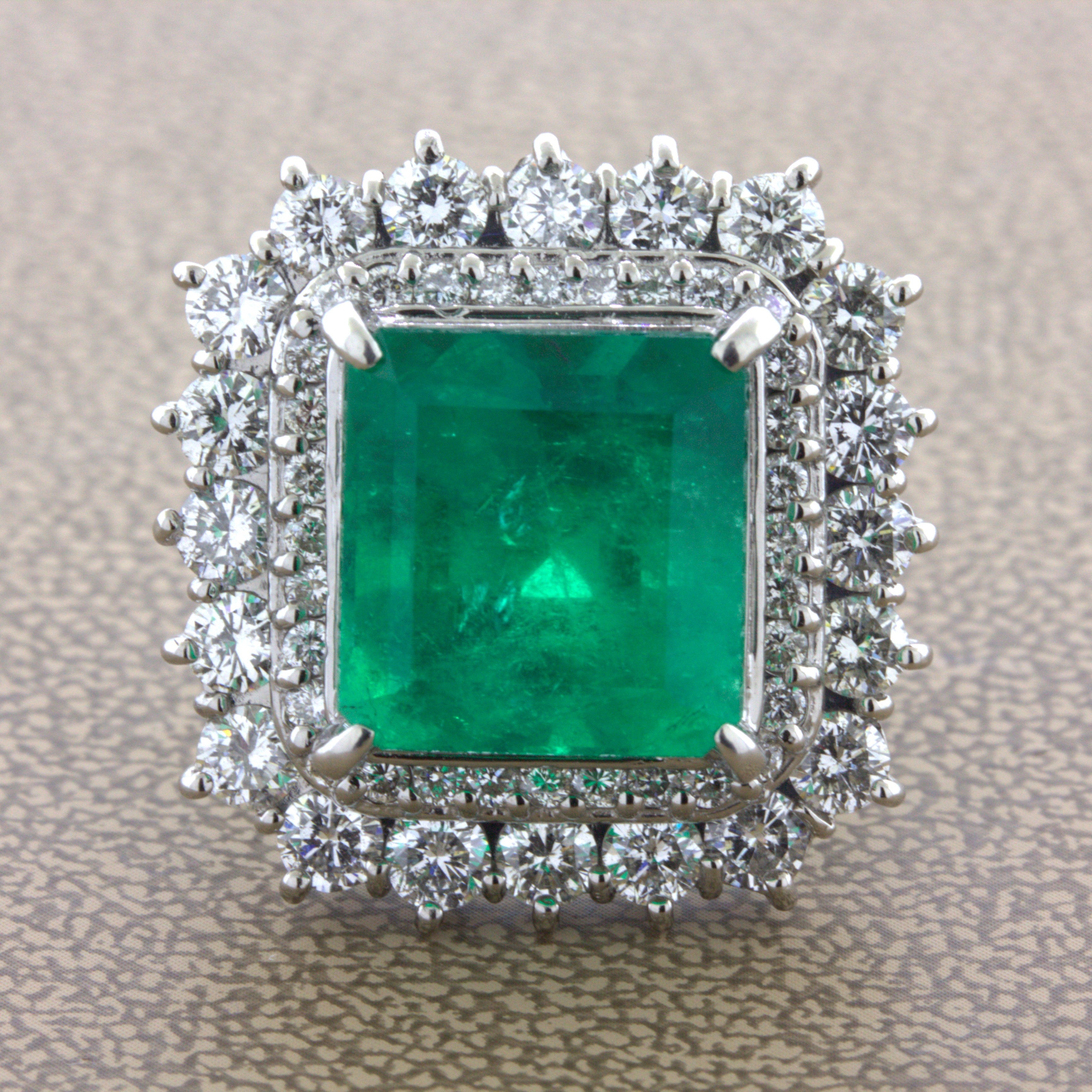 9.80 Carat Colombian Emerald Diamond Platinum Cocktail Ring, GRS Certified