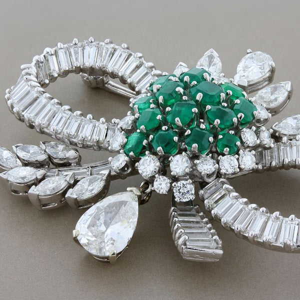 Mid-Century Emerald Diamond Platinum Bow Brooch