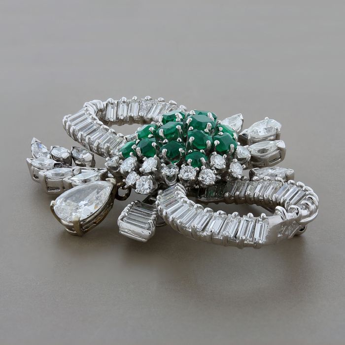 Mid-Century Emerald Diamond Platinum Bow Brooch