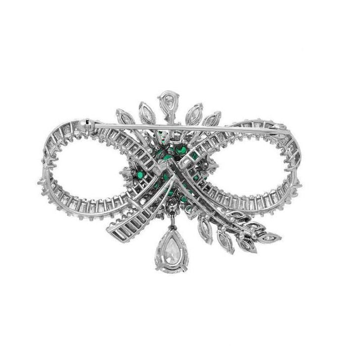 Mid-Century Emerald Diamond Platinum Bow Brooch