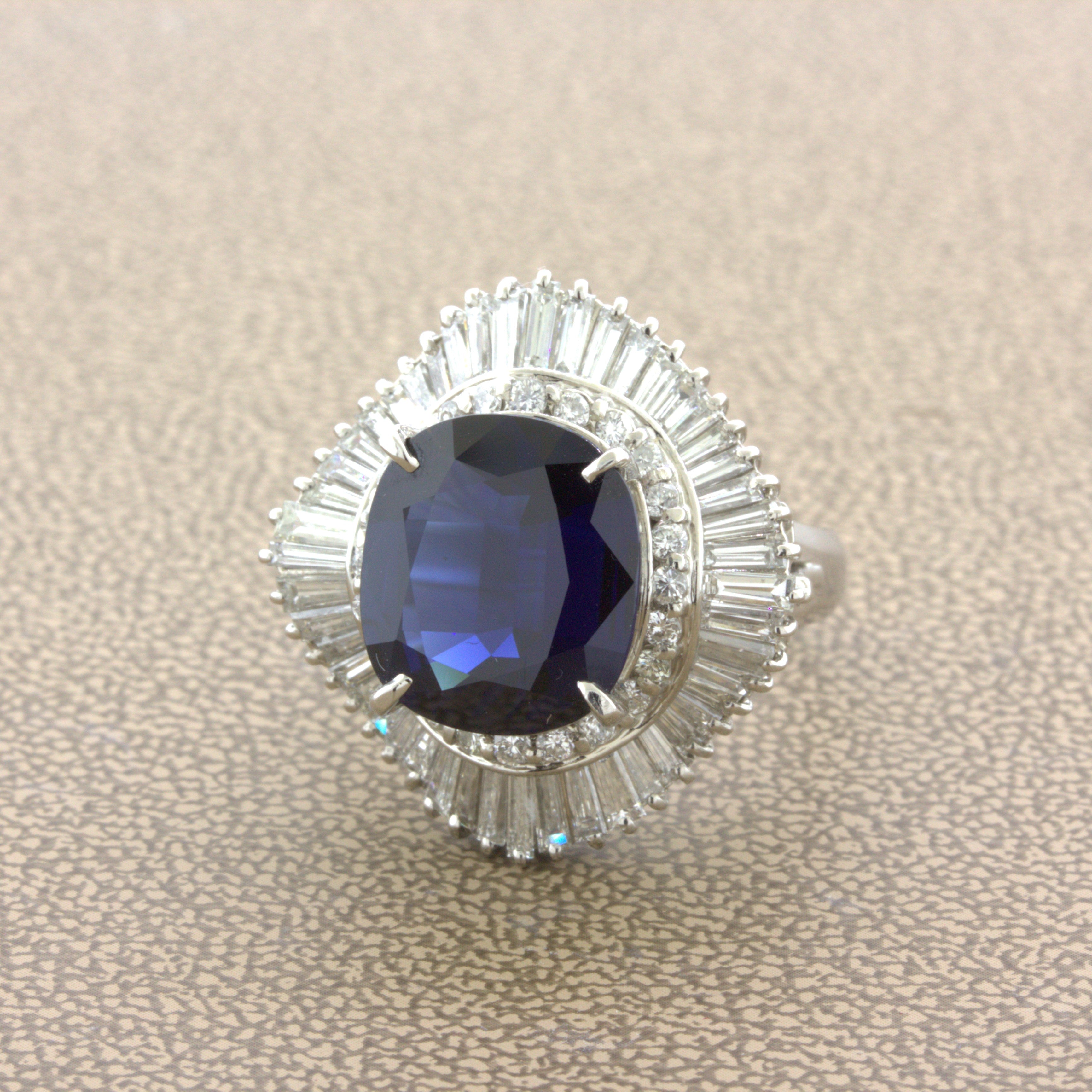 7.73 Carat No-Heat Blue Sapphire Diamond Platinum Ballerina Ring, GIA Certified