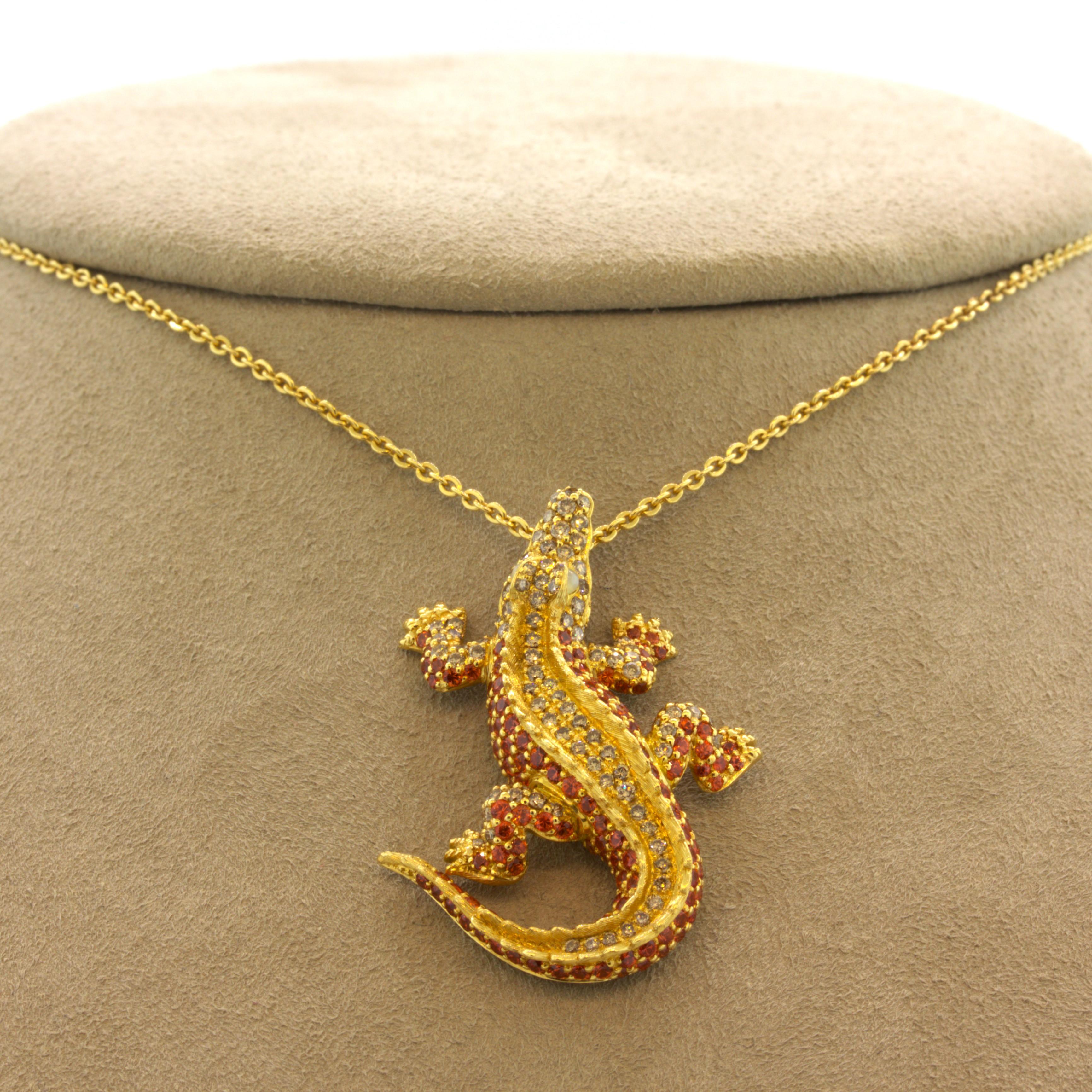 Orange Sapphire Diamond 18k Yellow Gold Alligator Pendant