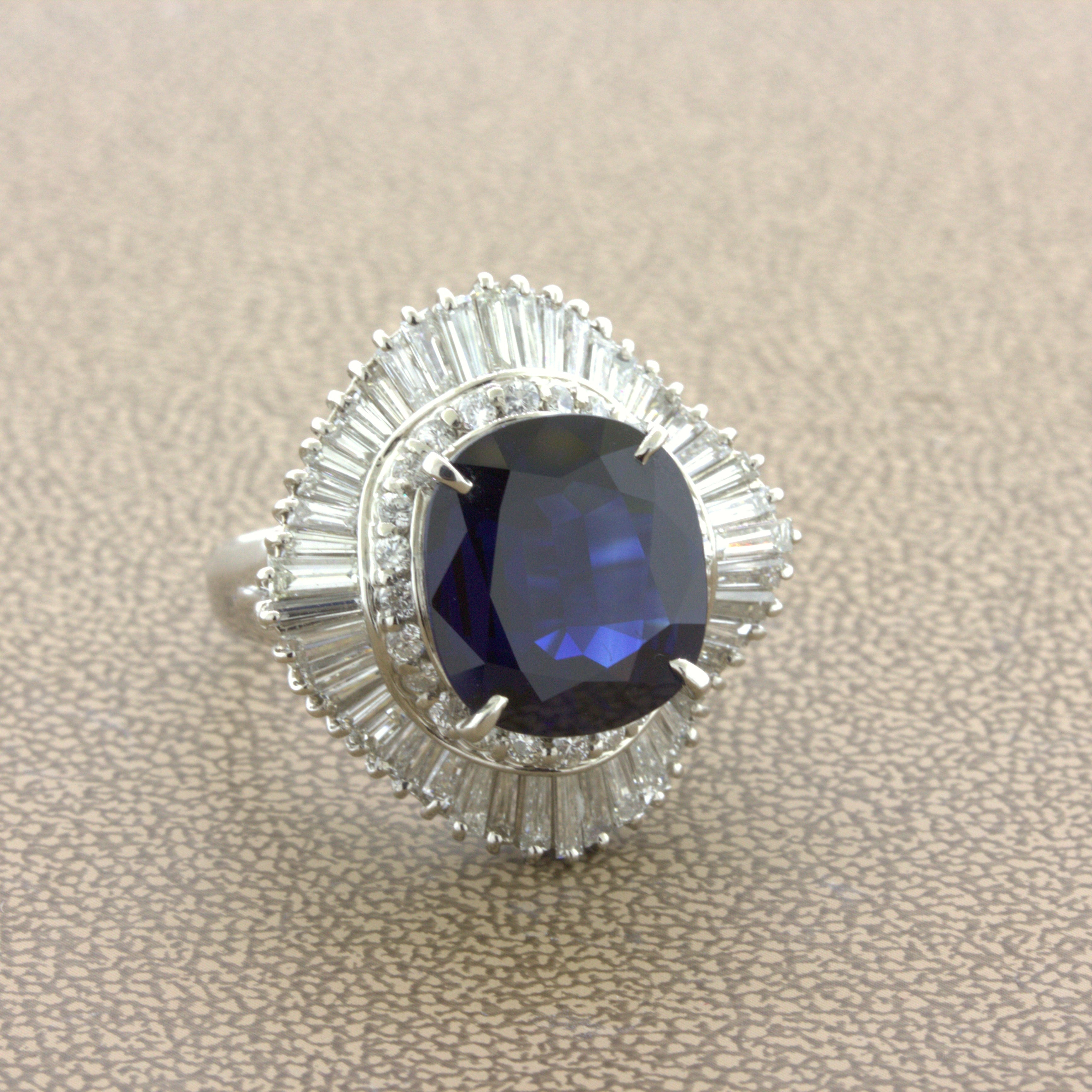 7.73 Carat No-Heat Blue Sapphire Diamond Platinum Ballerina Ring, GIA Certified