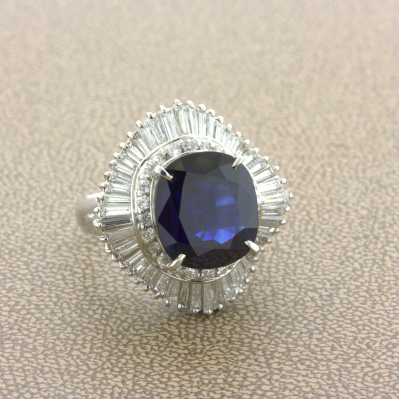 7.73 Carat No-Heat Blue Sapphire Diamond Platinum Ballerina Ring, GIA Certified