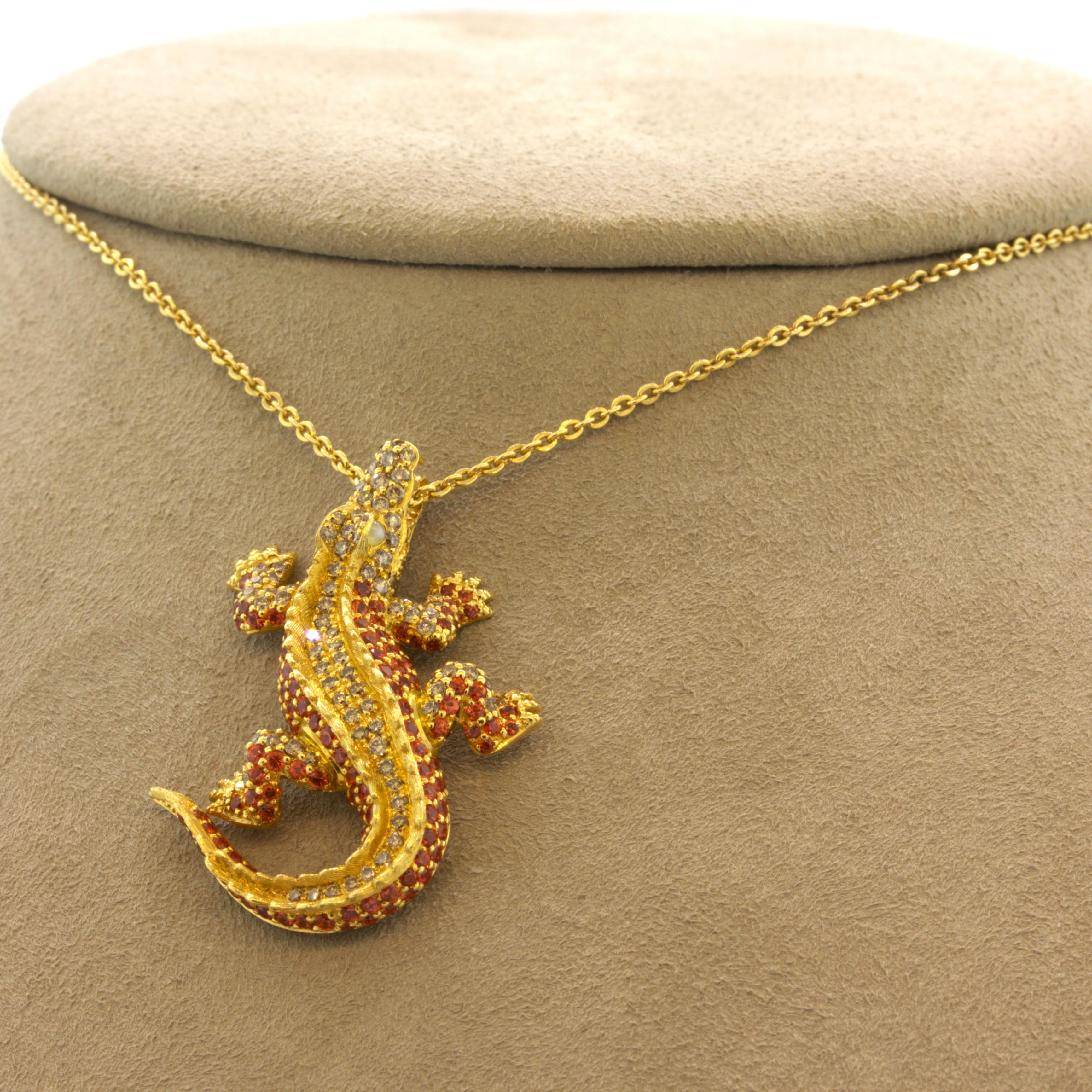 Orange Sapphire Diamond 18k Yellow Gold Alligator Pendant