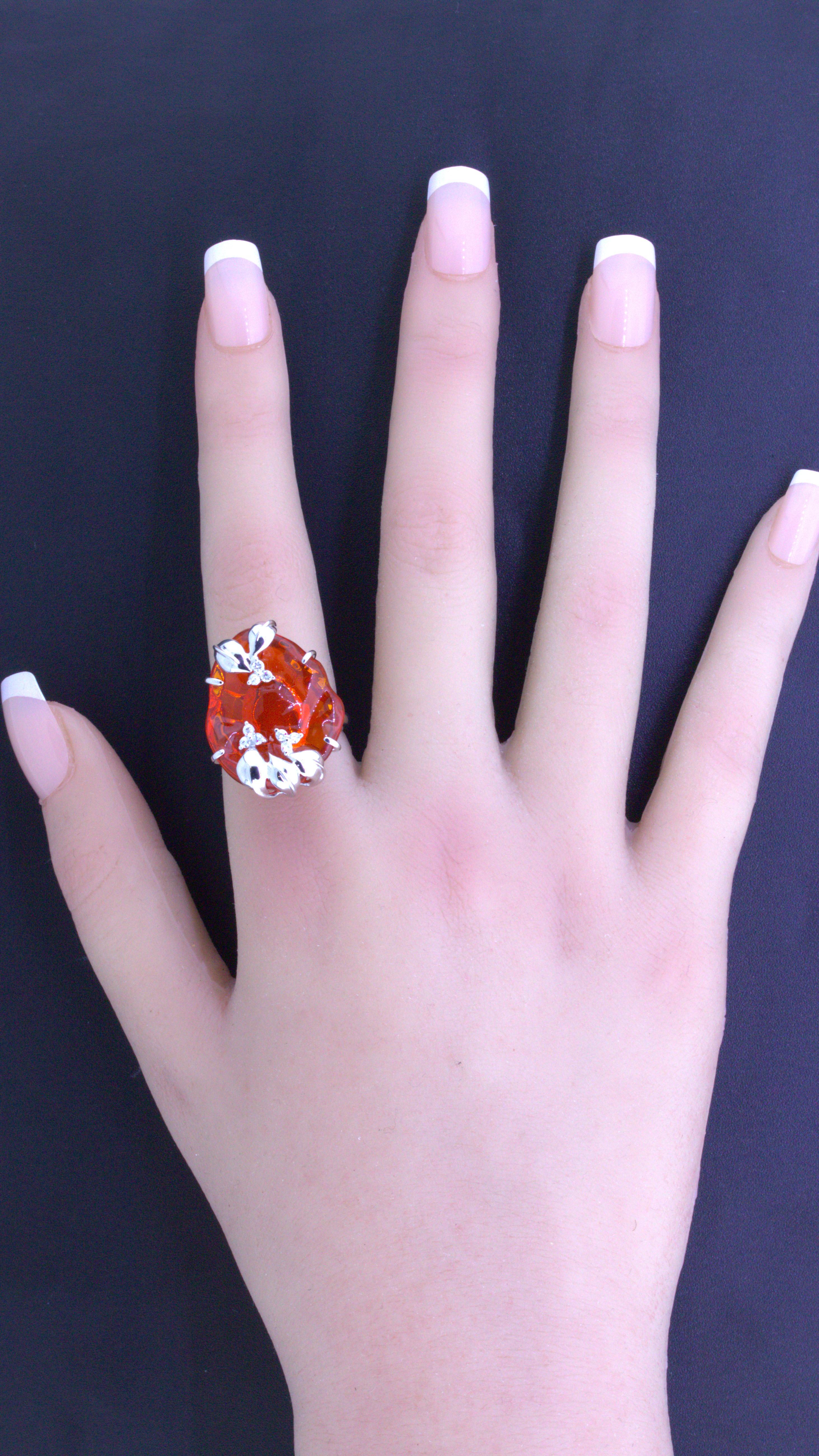 Mexican Fire Opal Free-Form Diamond 18k White Gold Ring