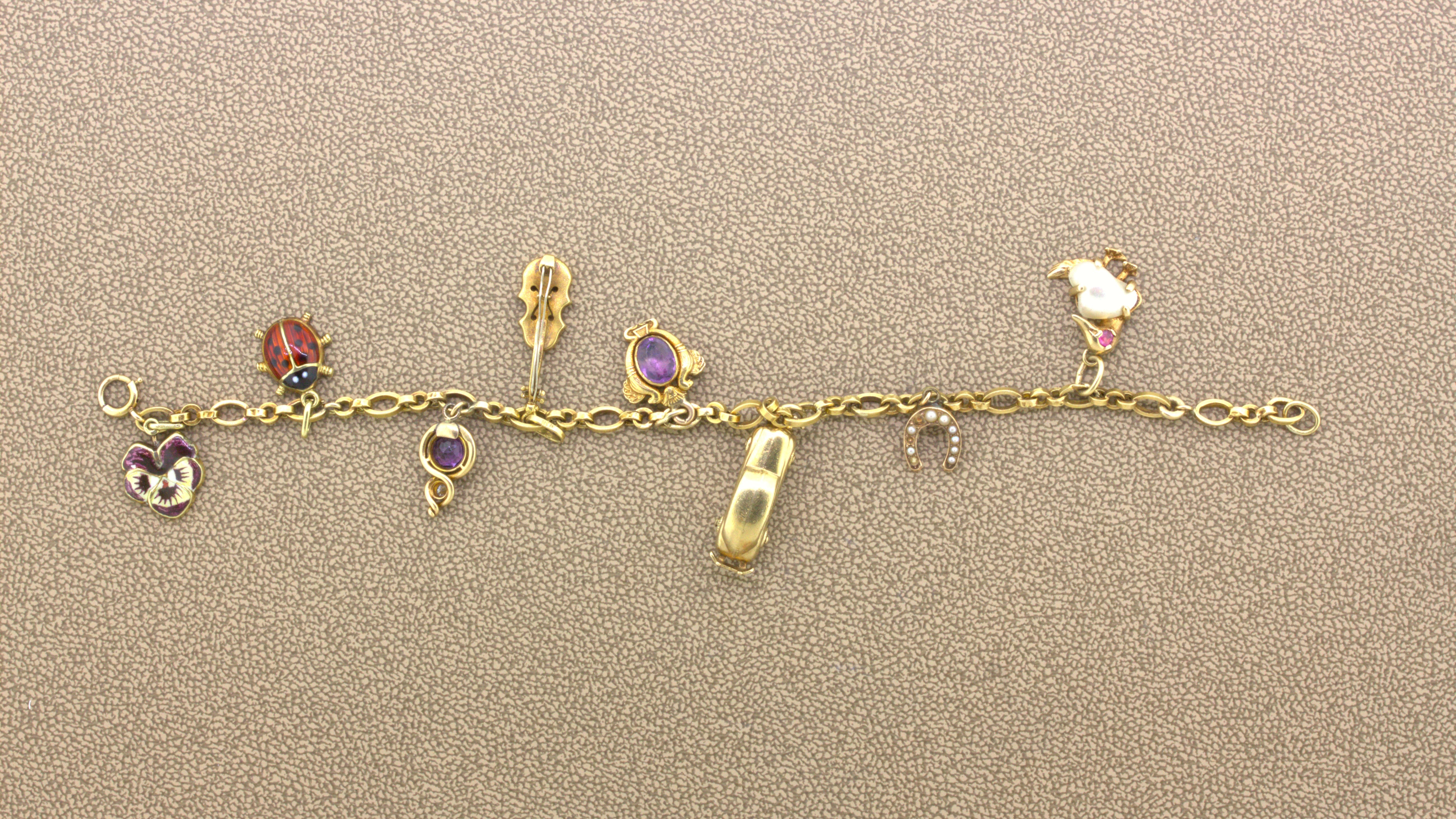 Antique Diamond Gemstone Enamel 14K Gold Charm Bracelet