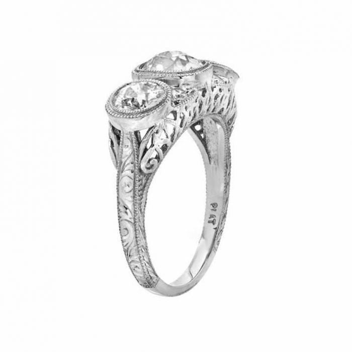 Art Deco European Cut Diamond Platinum Three-Stone Ring