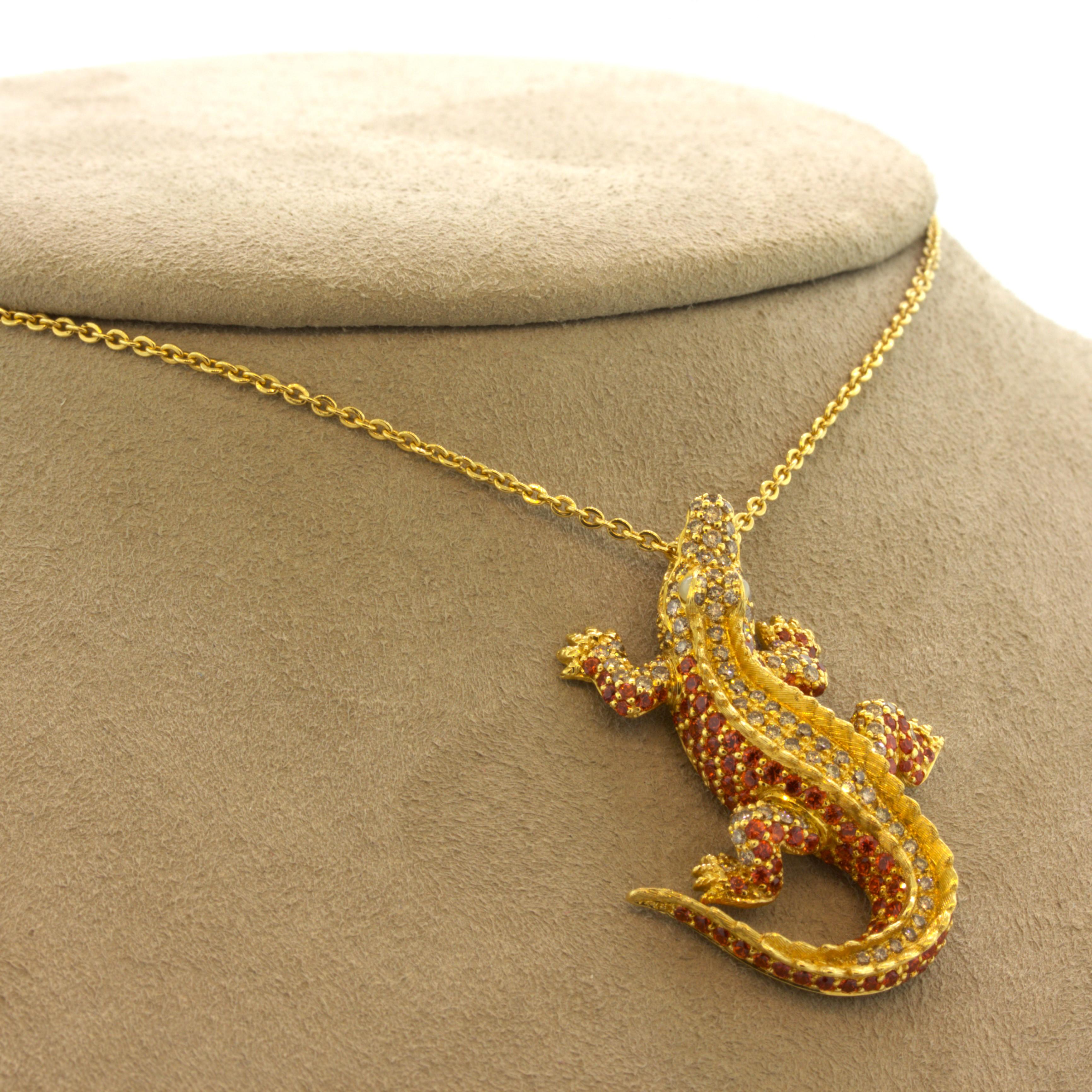 Orange Sapphire Diamond 18k Yellow Gold Alligator Pendant