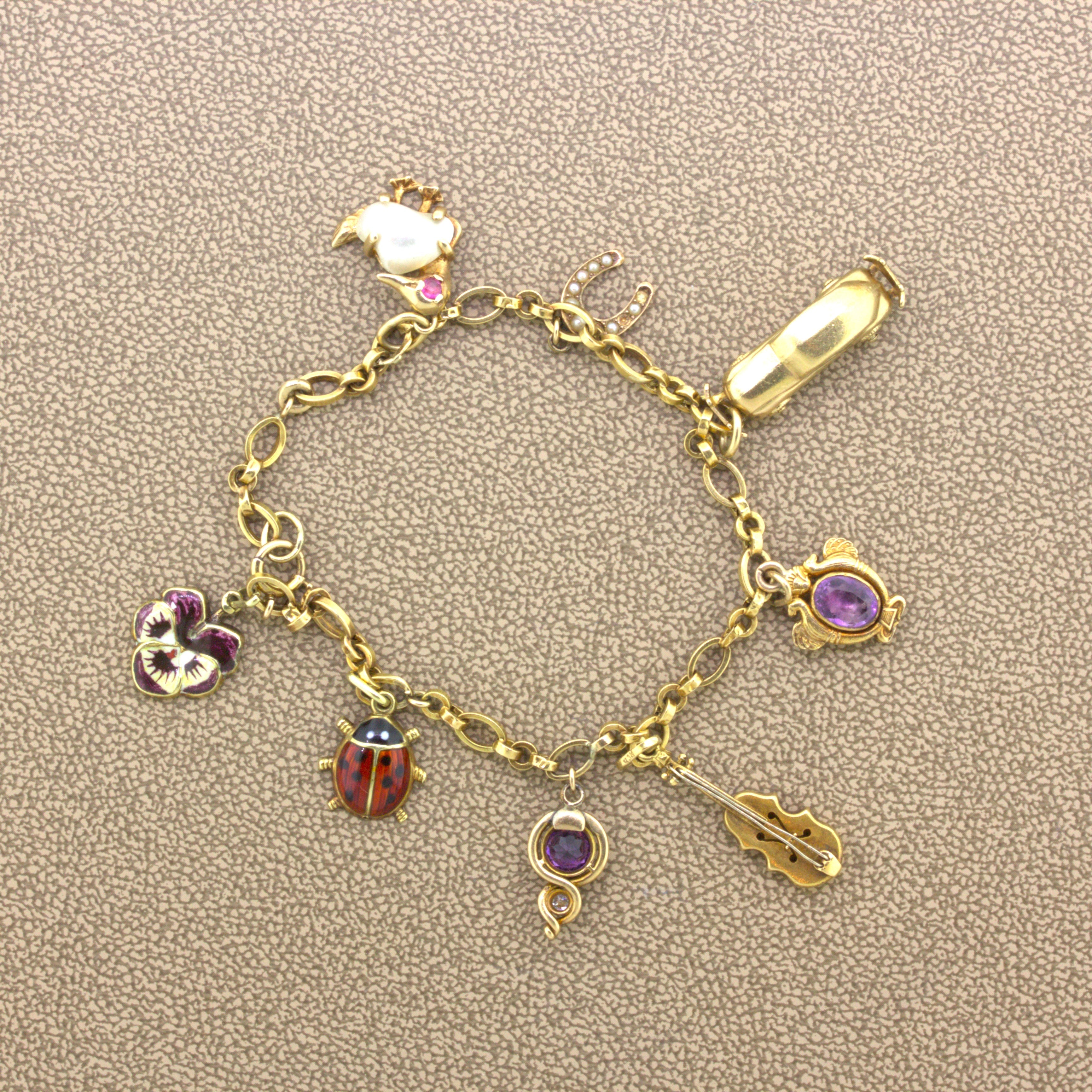 Antique Diamond Gemstone Enamel 14K Gold Charm Bracelet