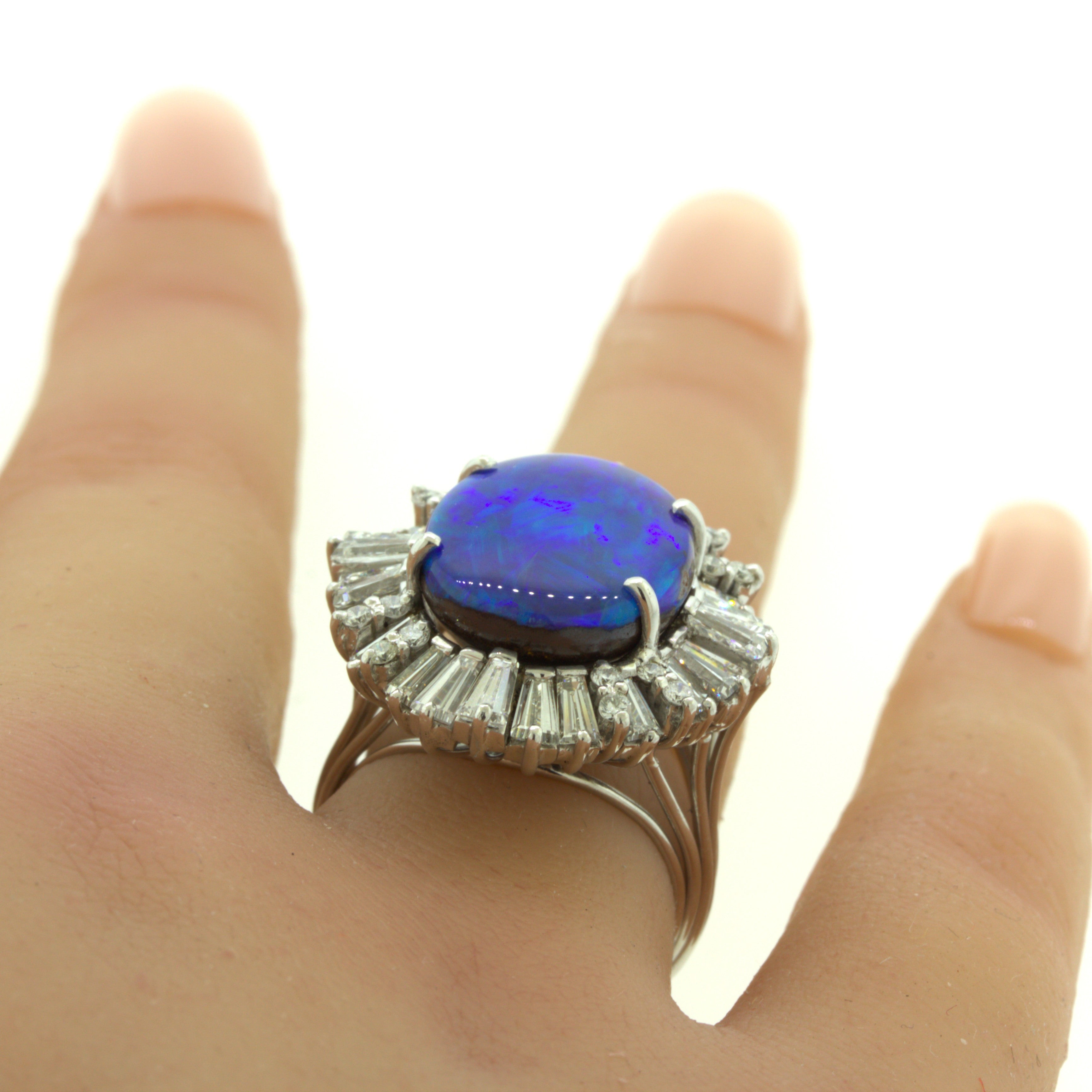 11.32 Carat Australian Boulder Opal Diamond Sunburst 18k White Gold Ring