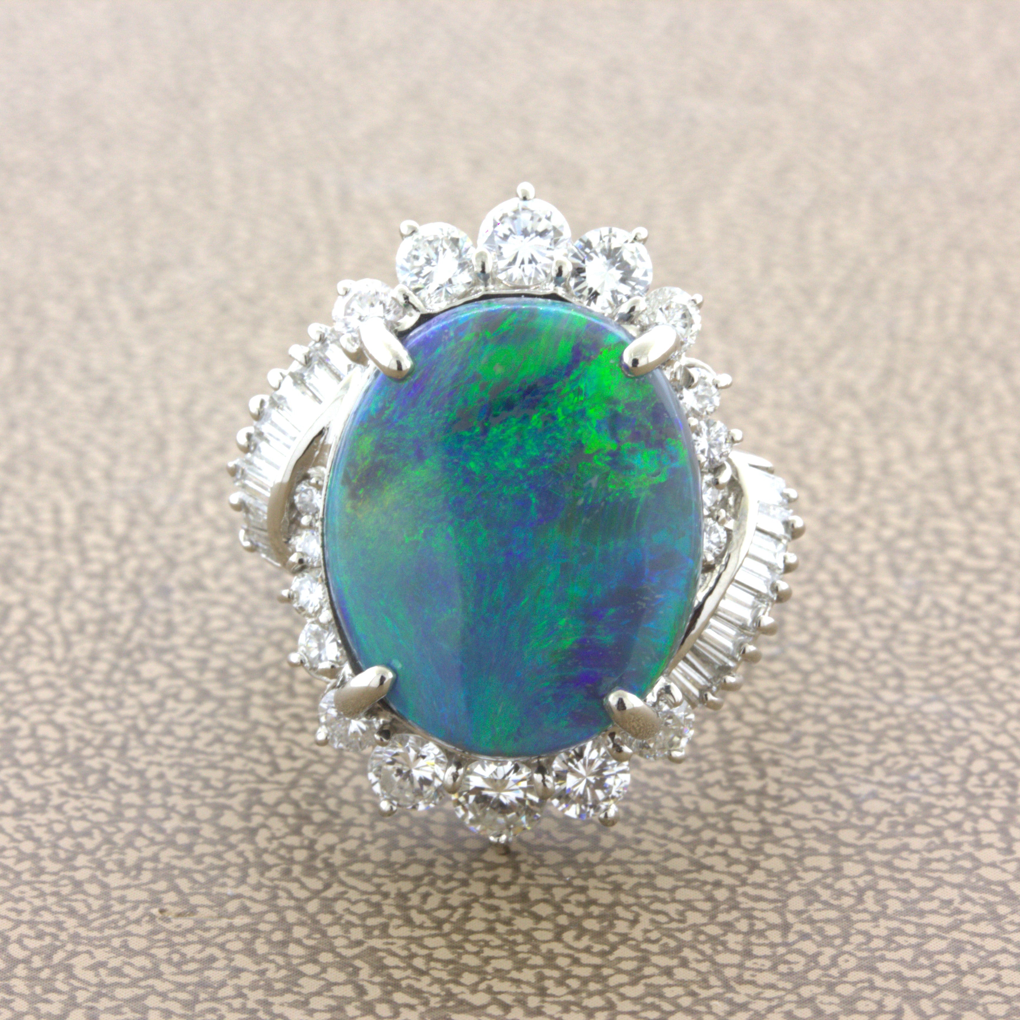 6.79 Carat Australian Black Opal Diamond Platinum Cocktail Ring