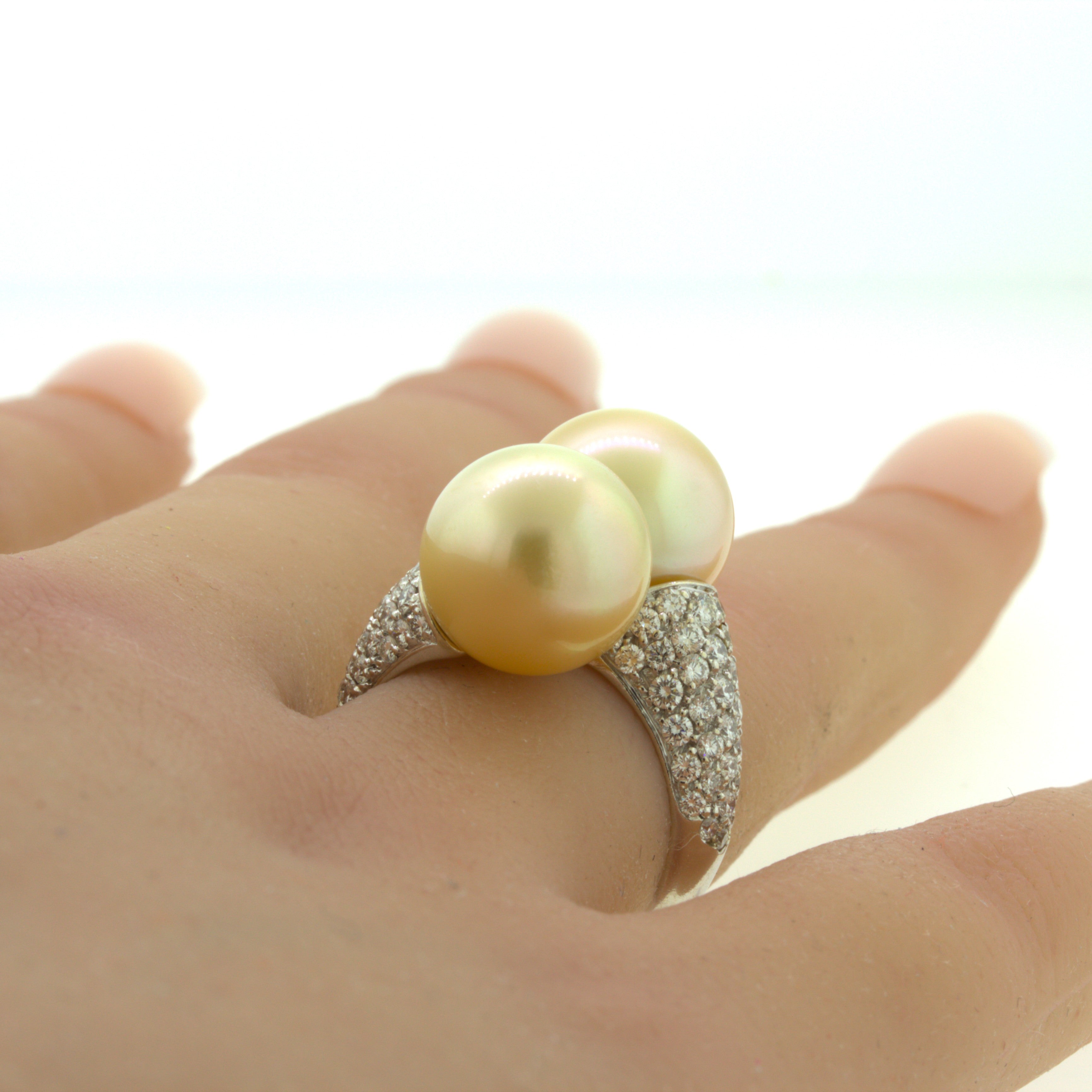 South Sea Golden Pearl Diamond 18K White Gold Bypass Ring