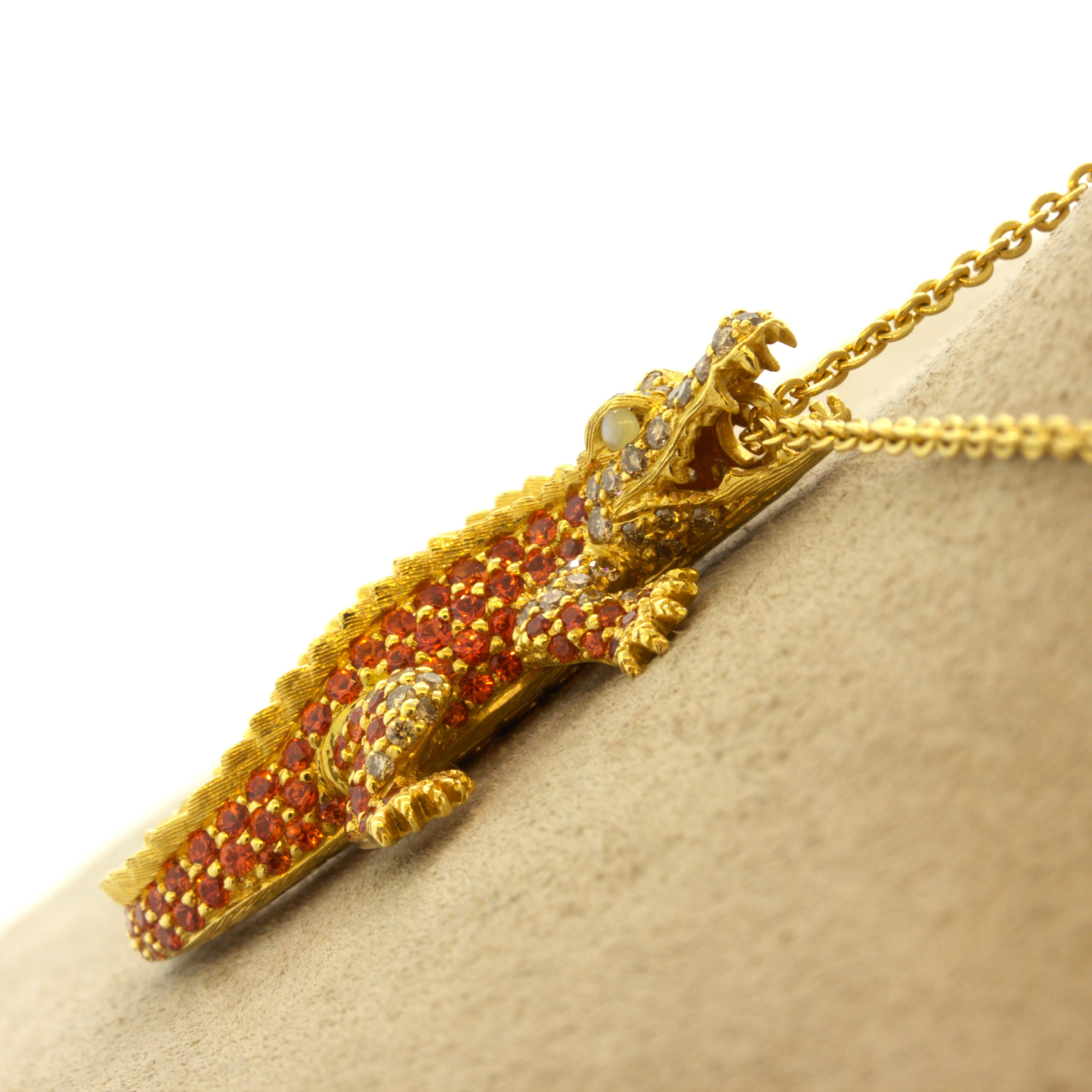 Orange Sapphire Diamond 18k Yellow Gold Alligator Pendant