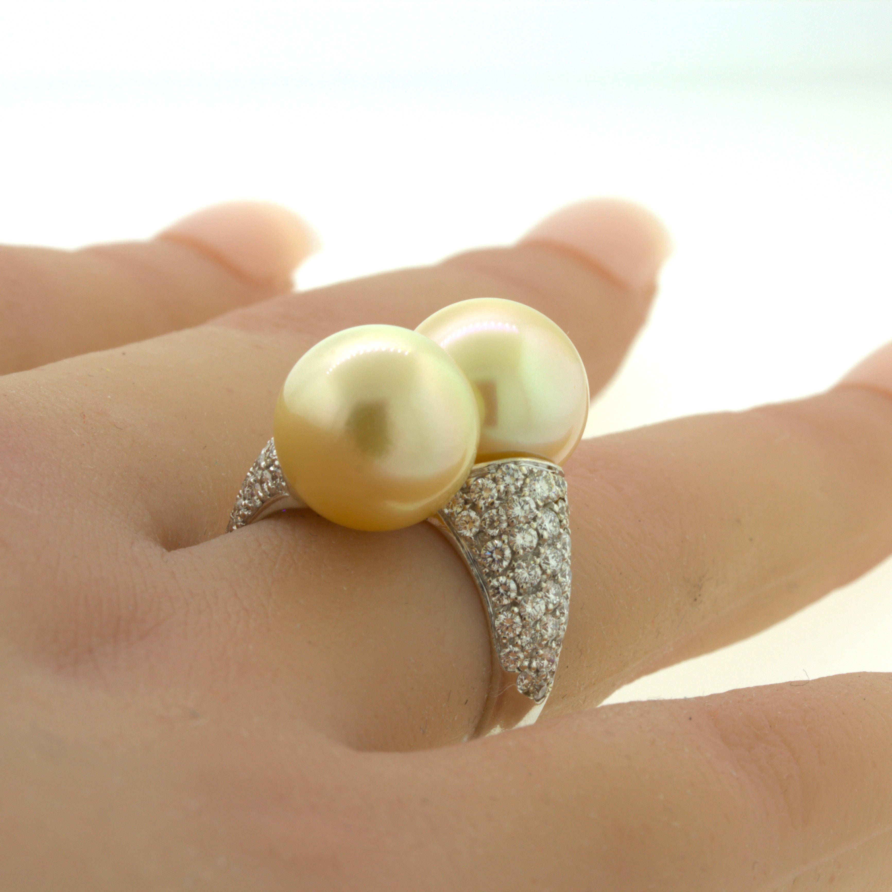 South Sea Golden Pearl Diamond 18K White Gold Bypass Ring