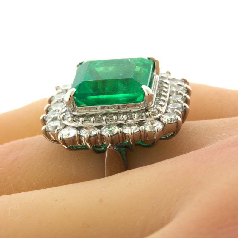 9.80 Carat Colombian Emerald Diamond Platinum Cocktail Ring, GRS Certified