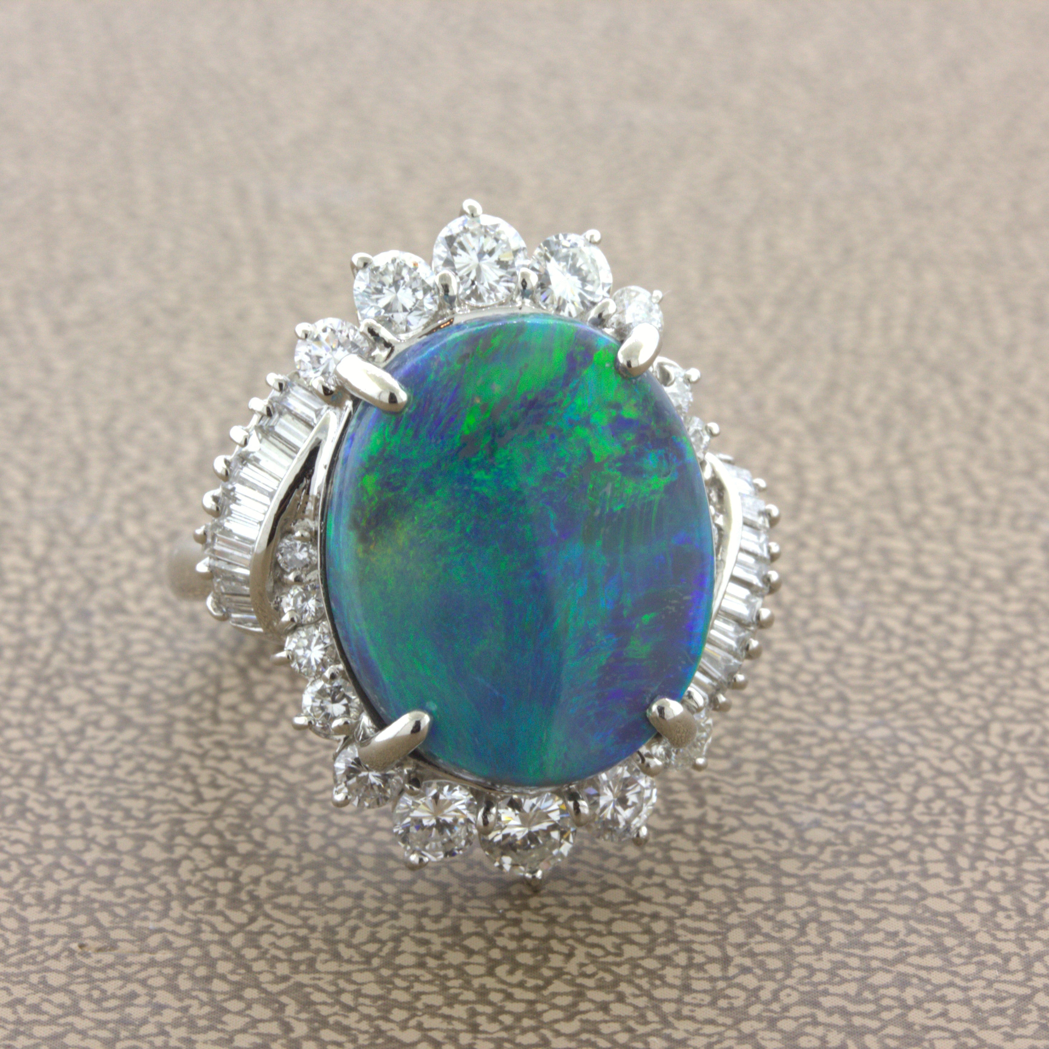 6.79 Carat Australian Black Opal Diamond Platinum Cocktail Ring