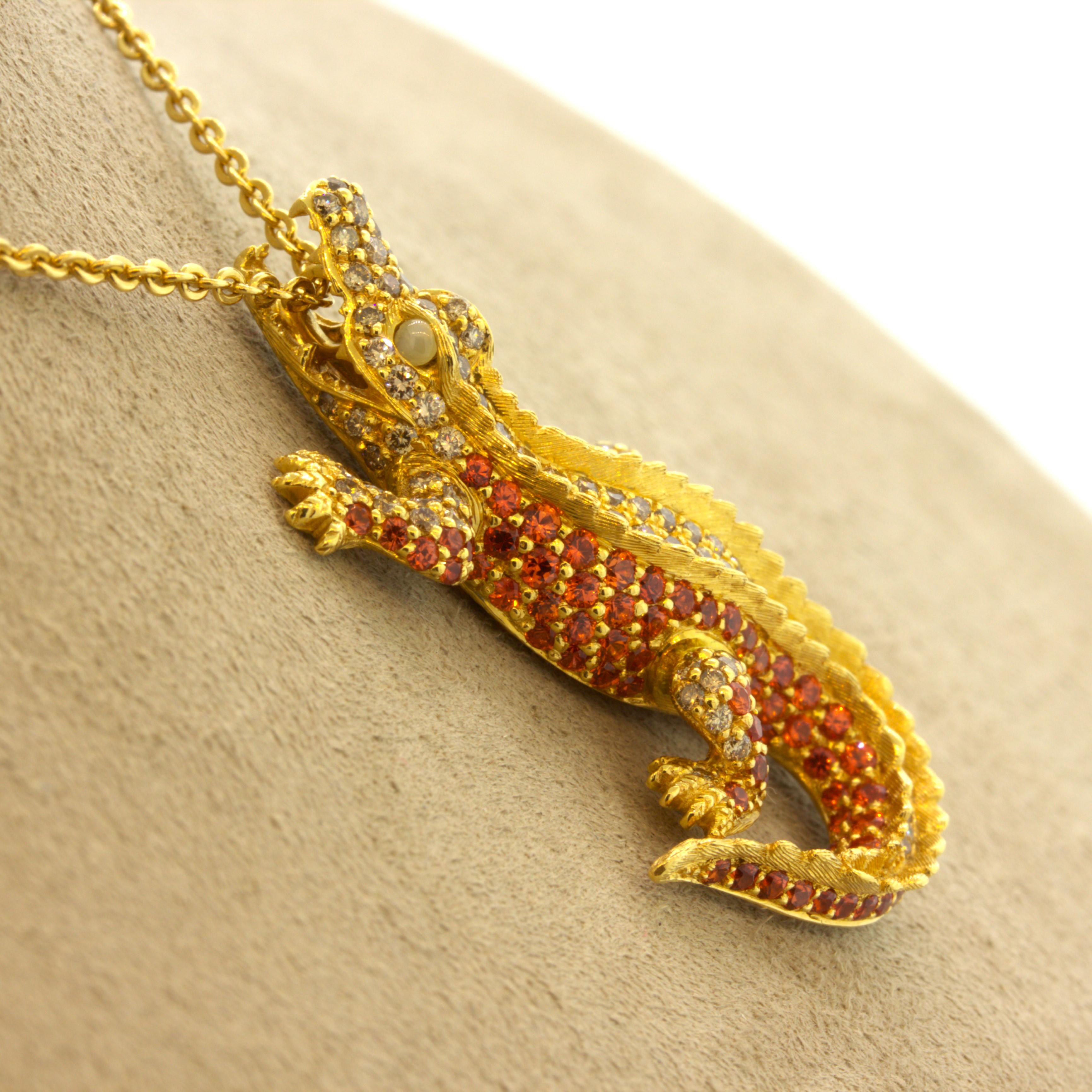 Orange Sapphire Diamond 18k Yellow Gold Alligator Pendant