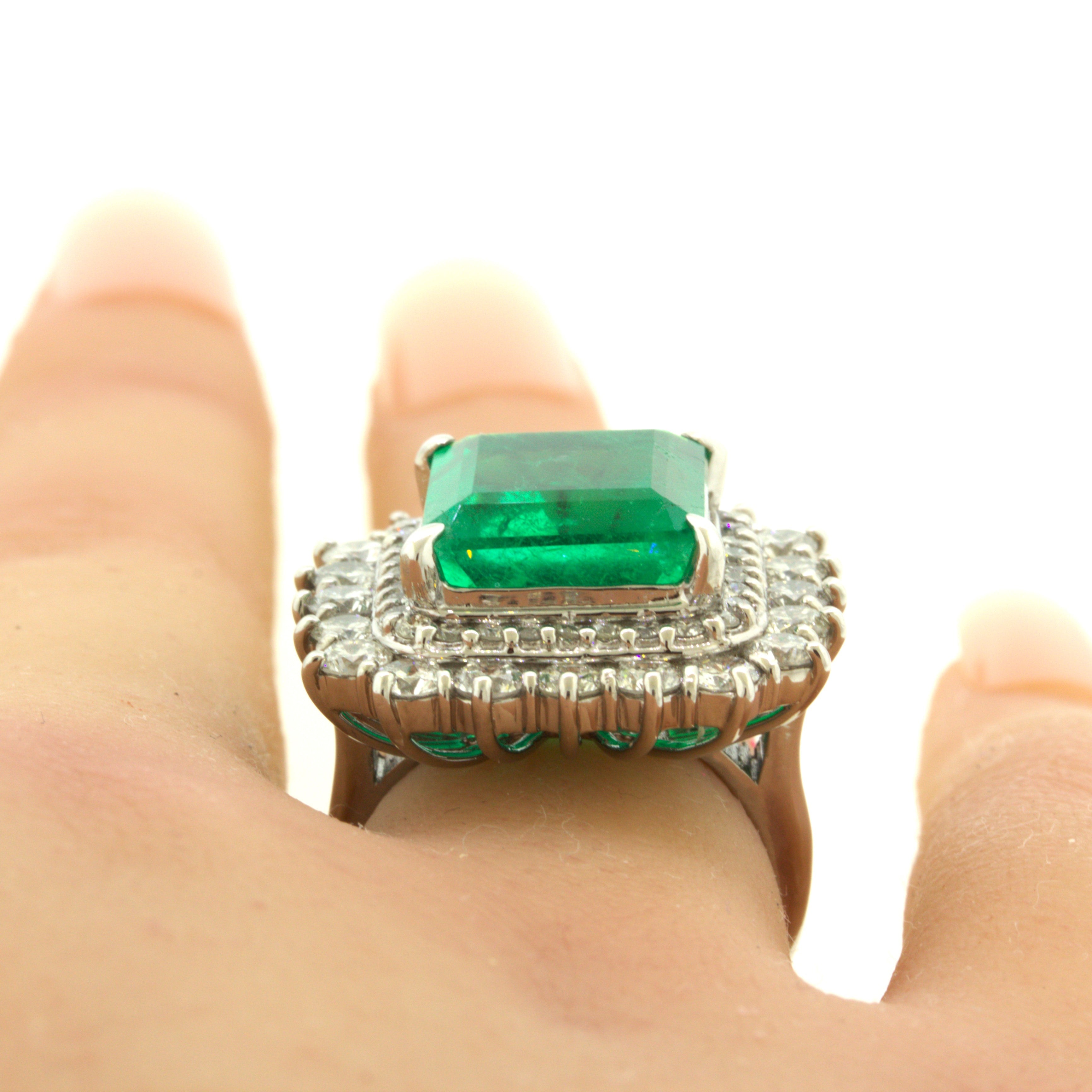 9.80 Carat Colombian Emerald Diamond Platinum Cocktail Ring, GRS Certified