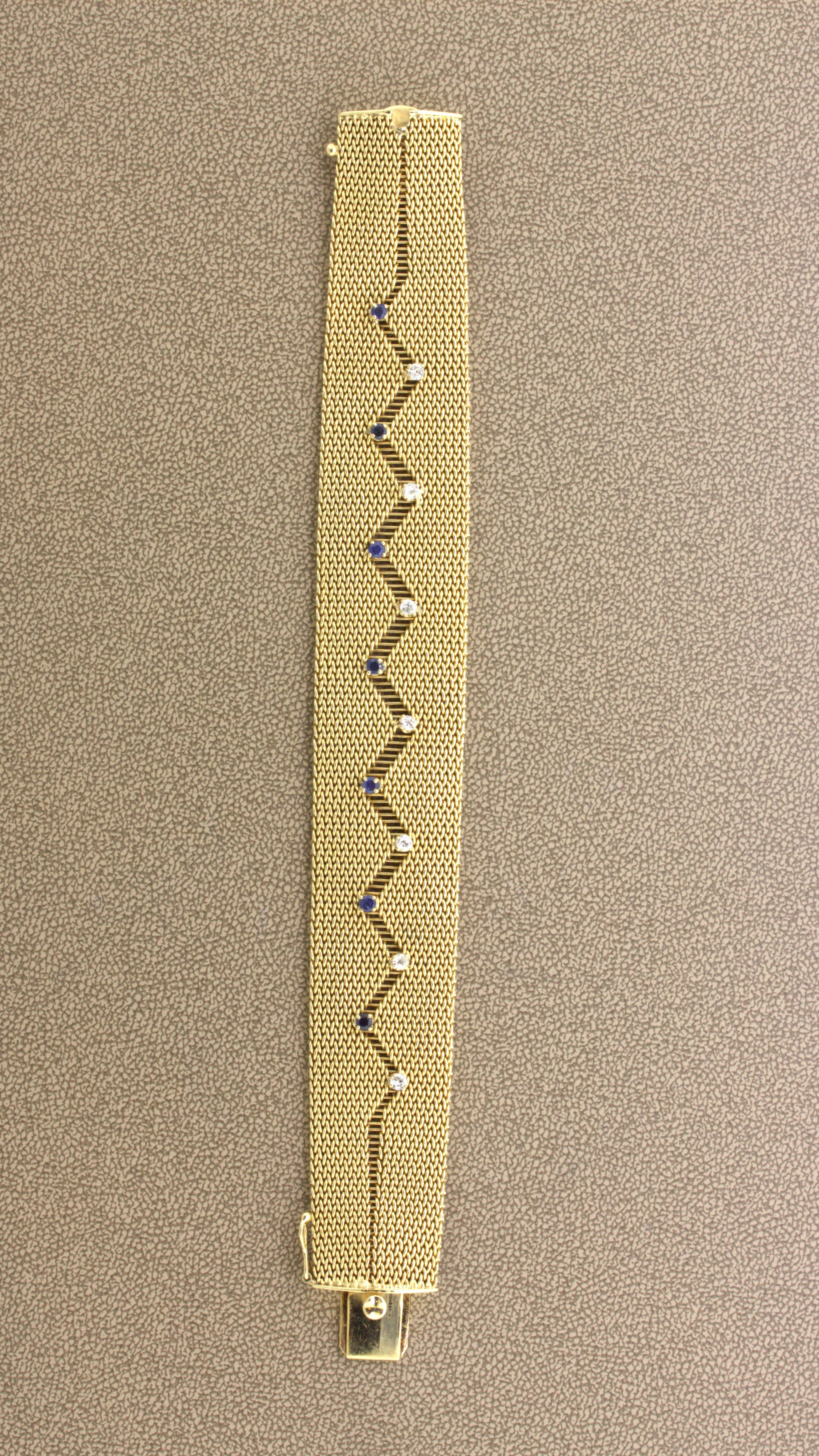 Retro Diamond Sapphire 14k Yellow Gold Mesh Bracelet