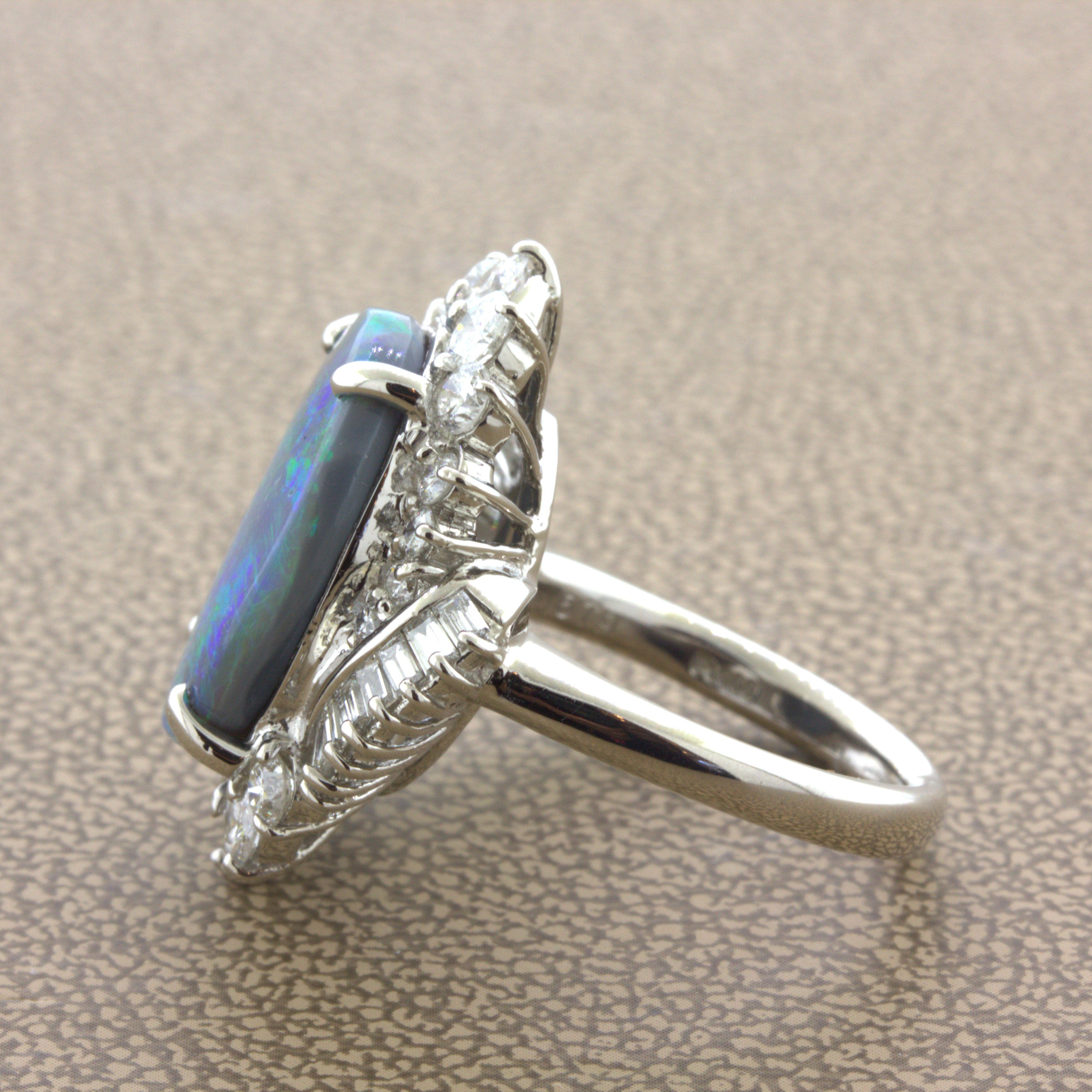 6.79 Carat Australian Black Opal Diamond Platinum Cocktail Ring