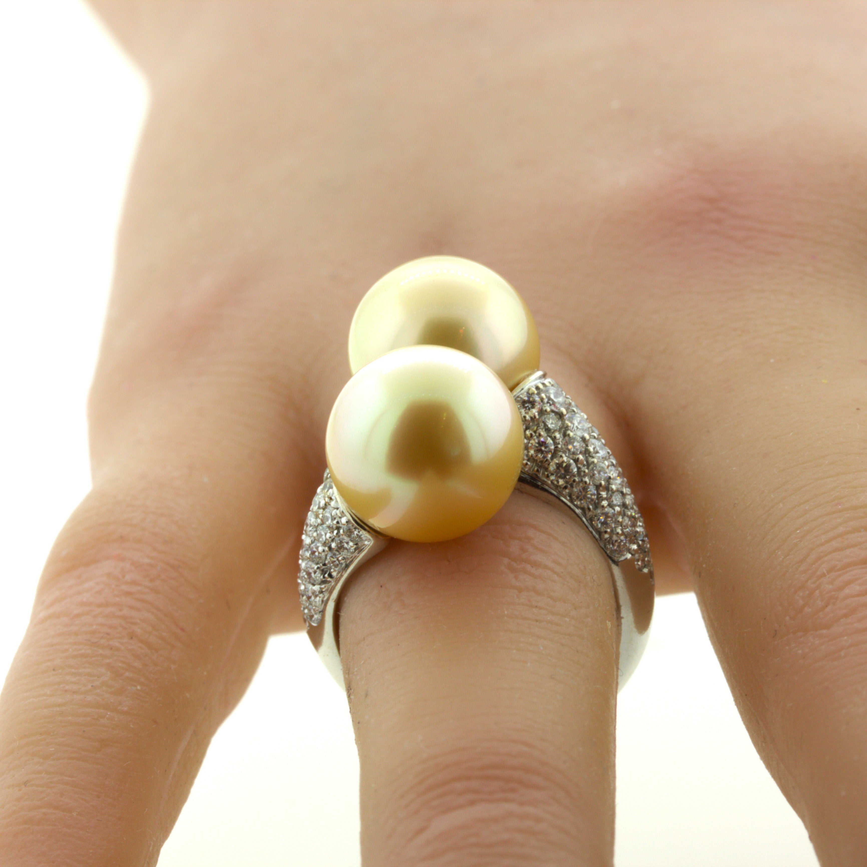 South Sea Golden Pearl Diamond 18K White Gold Bypass Ring