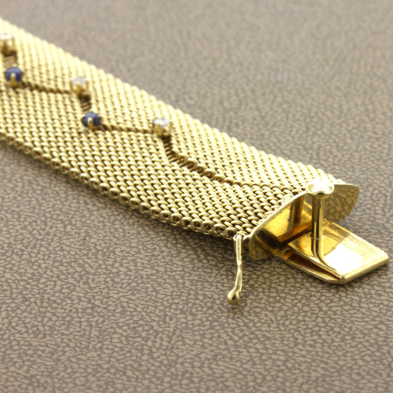 Retro Diamond Sapphire 14k Yellow Gold Mesh Bracelet