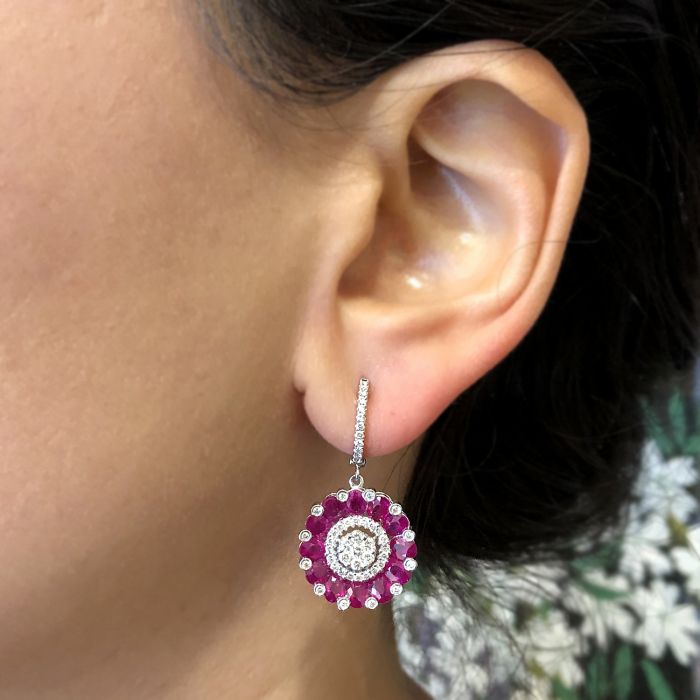 Ruby Diamond Gold Flower Cluster Drop Earrings